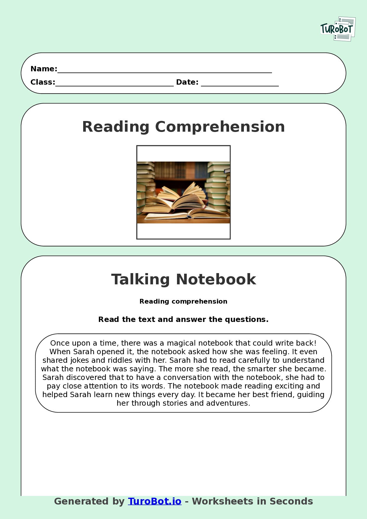 Reading Comprehension - Year 3 - The Notebook That Wrote Back
