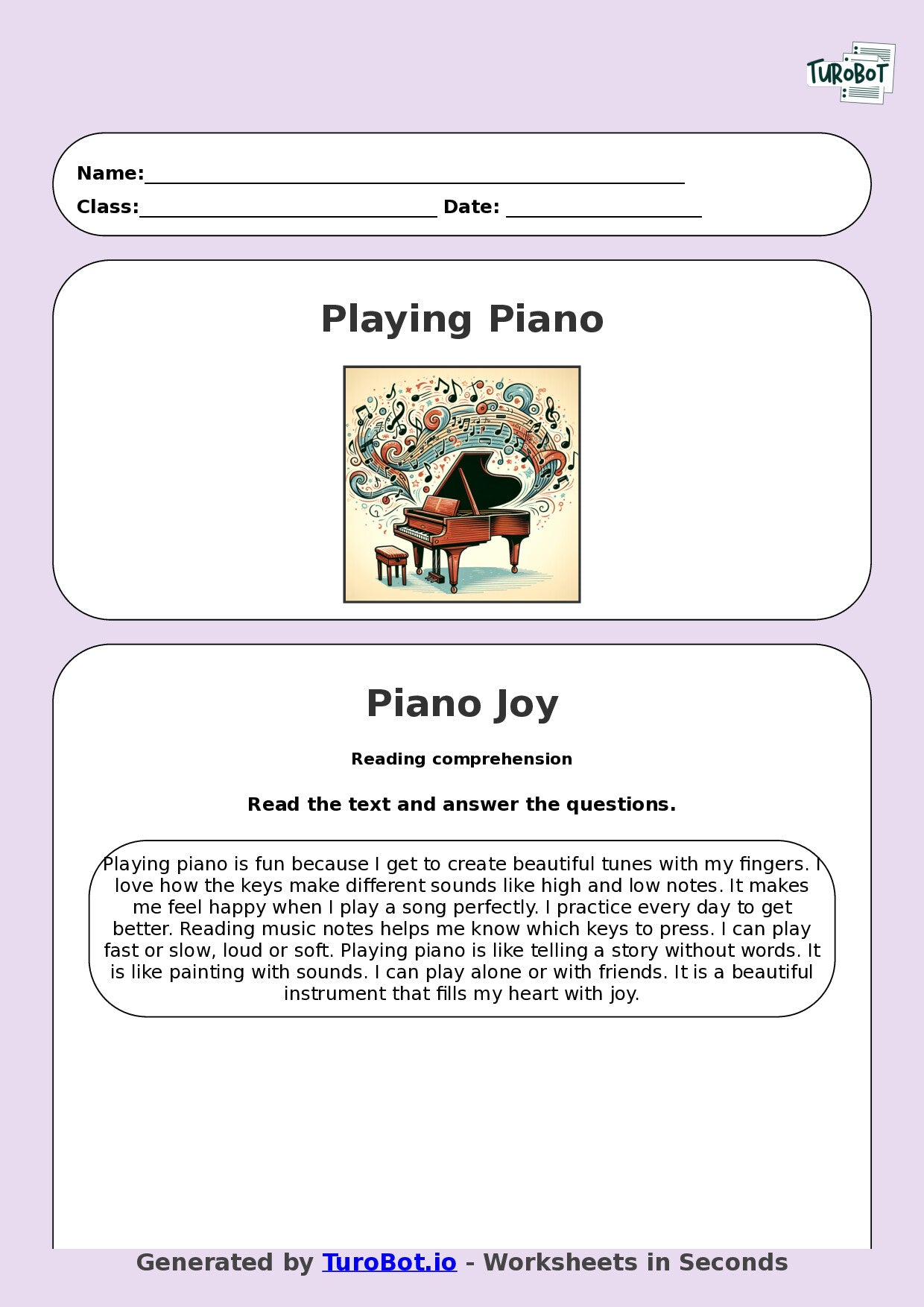 Reading Comprehension - Year 3 - Why I Love Playing Piano
