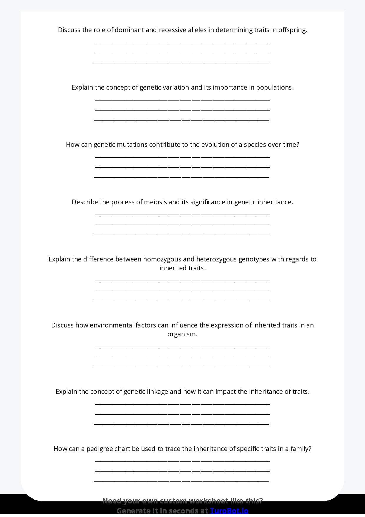 Free Worksheet - Year 10 Science Genetics and Inherited Traits Short Answer Response