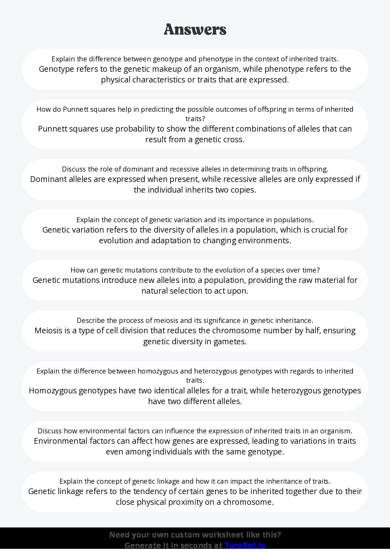 Free Worksheet - Year 10 Science Genetics and Inherited Traits Short Answer Response