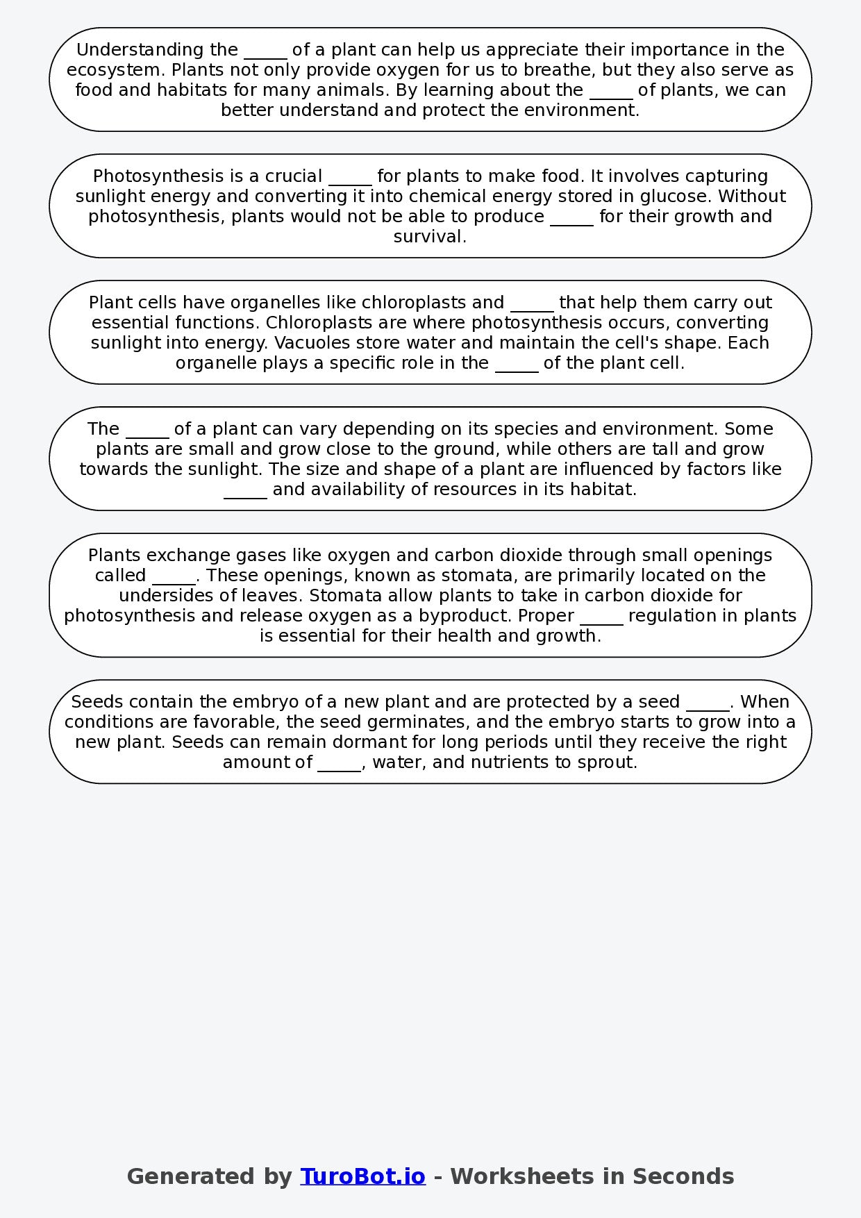 Year 2 Science Fill in the Blanks Worksheet – Parts of a Plant
