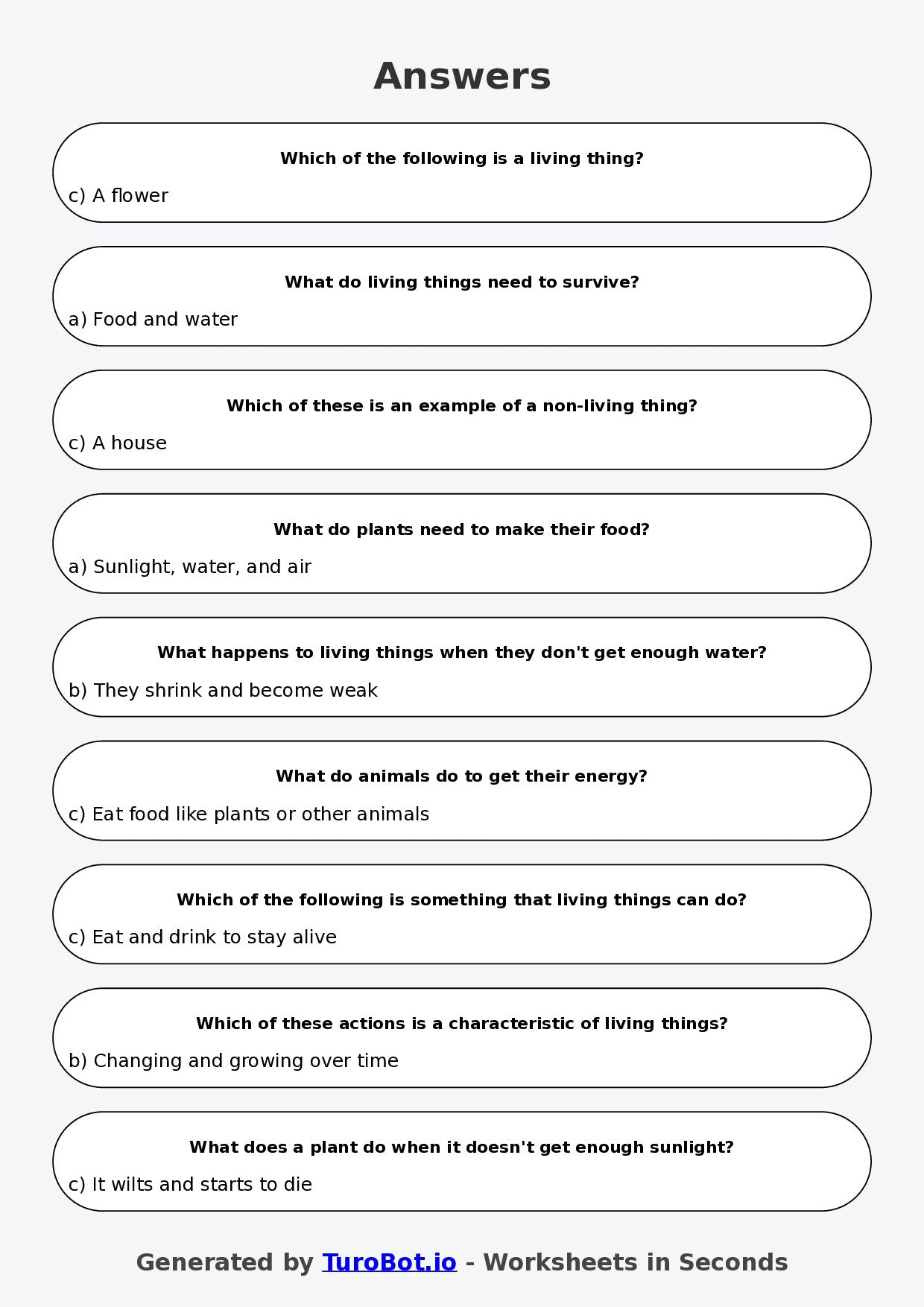 Year 3 Science Multiple Choice Worksheet – Living and Non Living Things