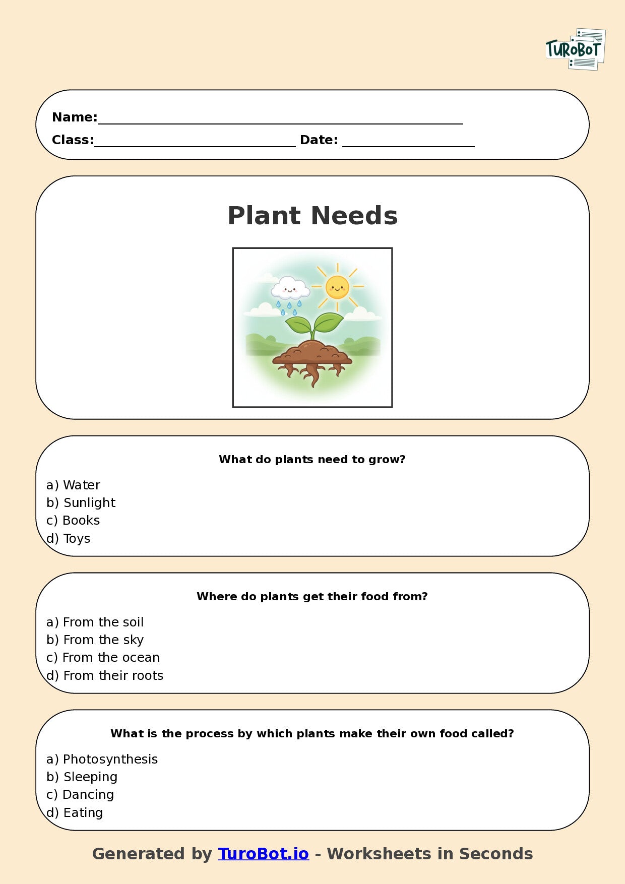 Year 3 Science Multiple Choice Worksheet – Plant Needs and Growth