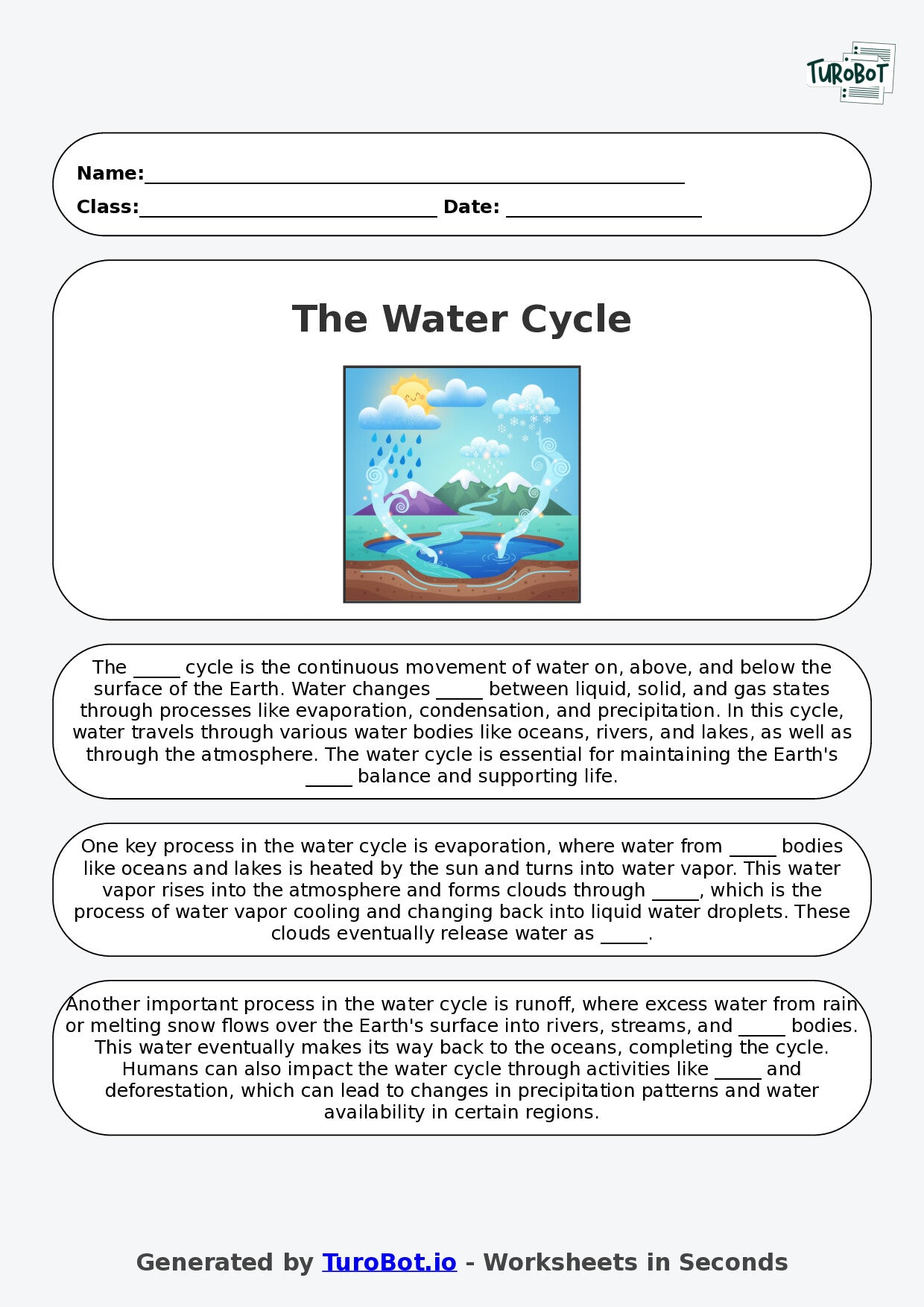 Year 4 Science Fill in the Blanks Worksheet – The Water Cycle