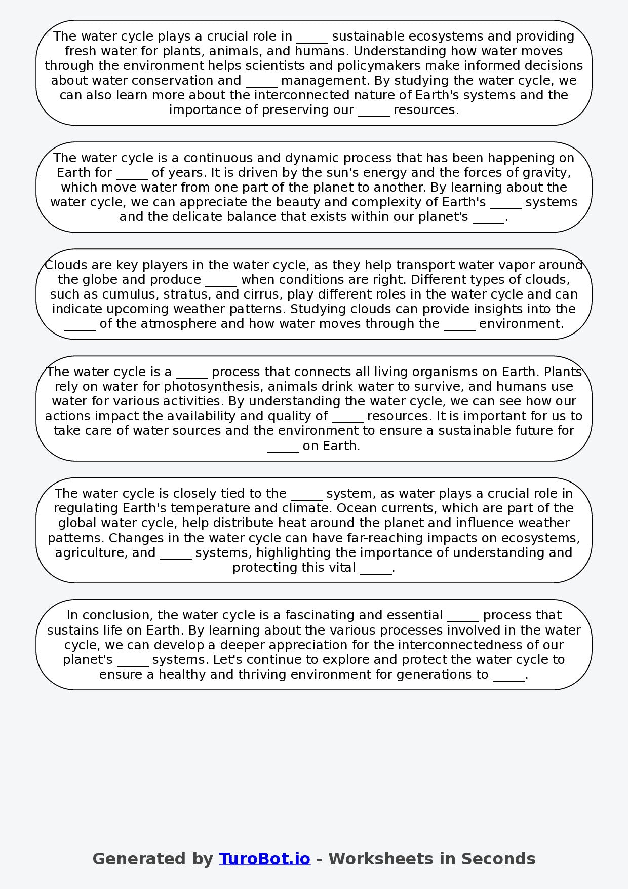 Year 4 Science Fill in the Blanks Worksheet – The Water Cycle