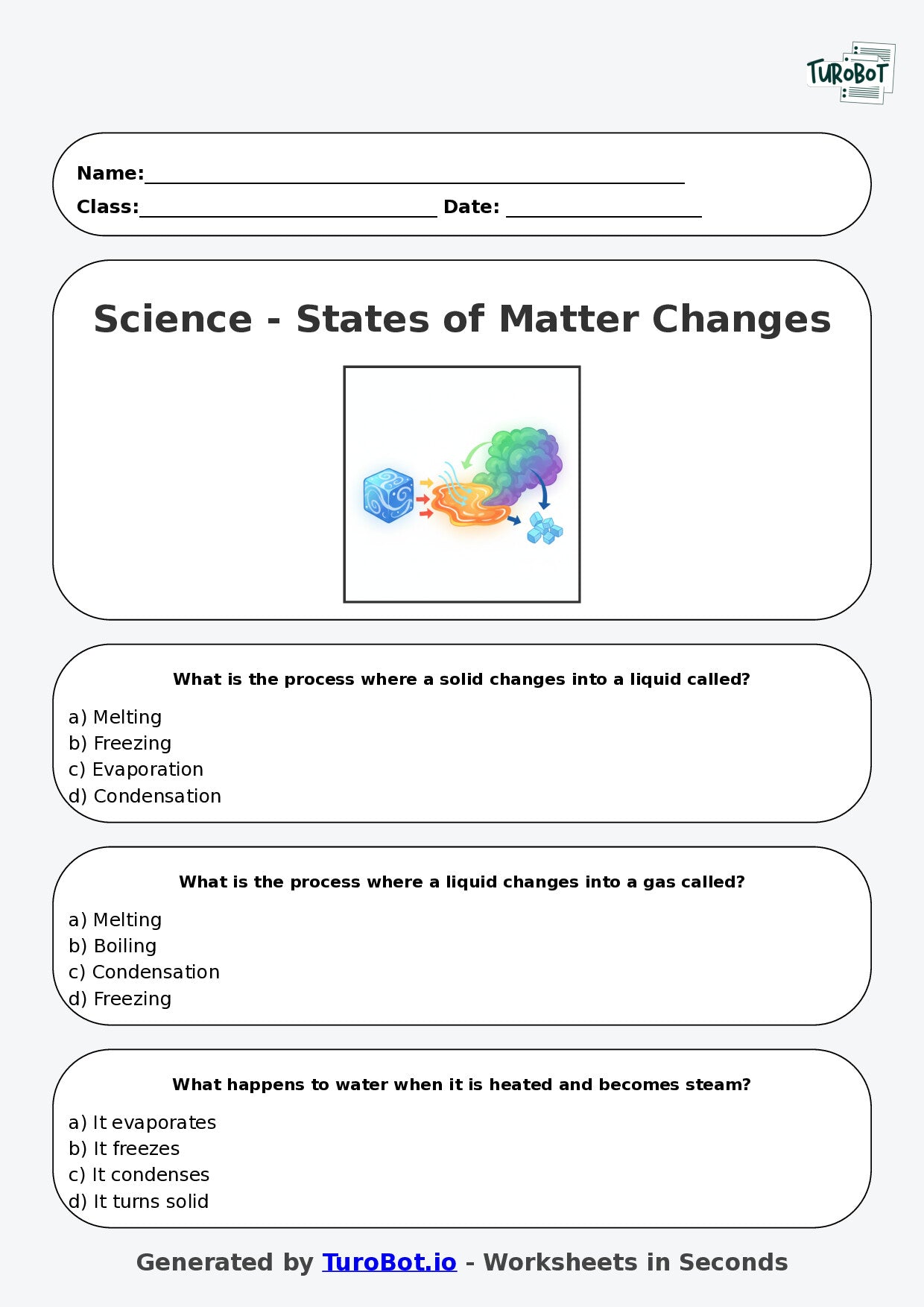Year 4 Science Multiple Choice Worksheet – States of Matter Changes