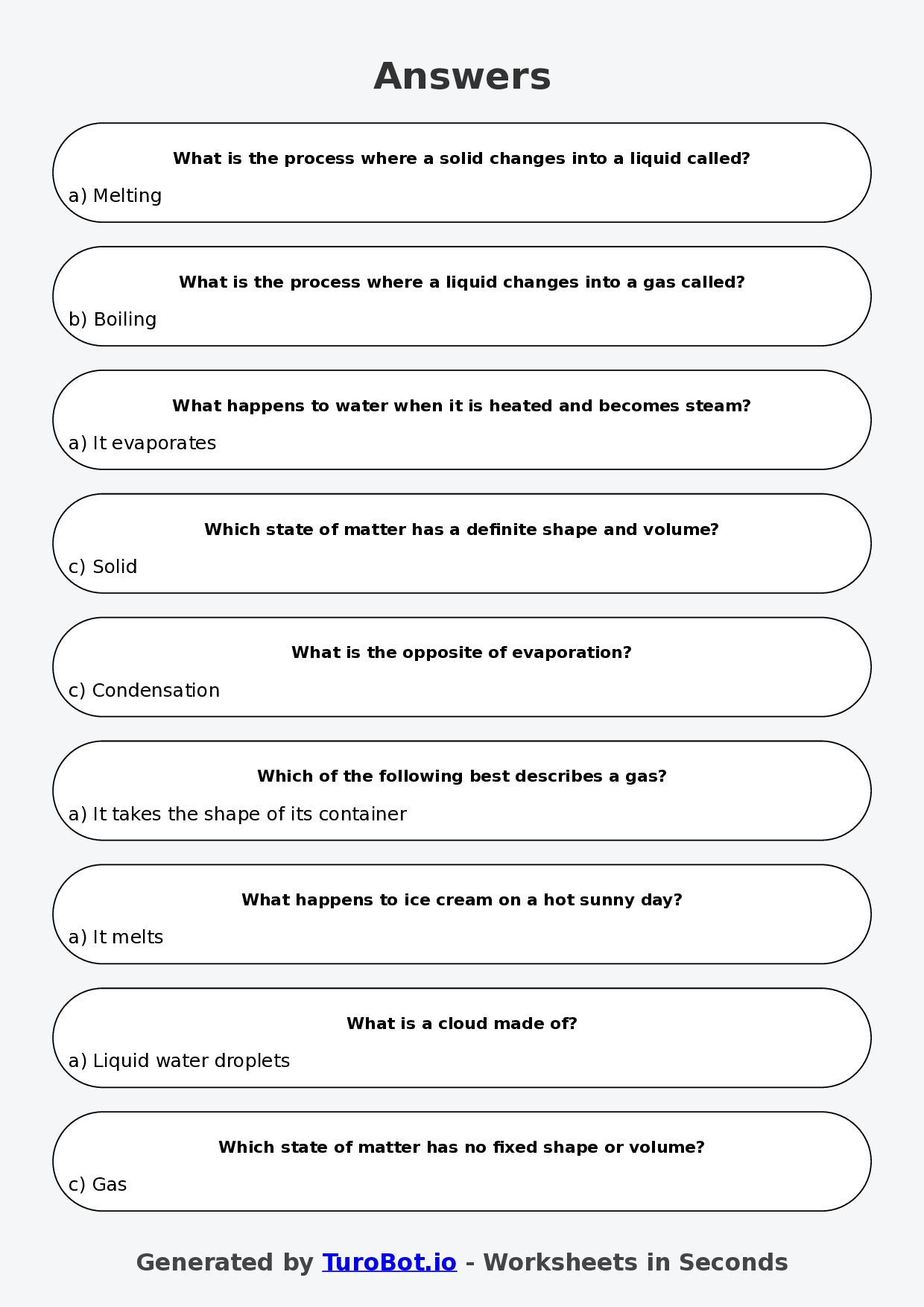 Year 4 Science Multiple Choice Worksheet – States of Matter Changes