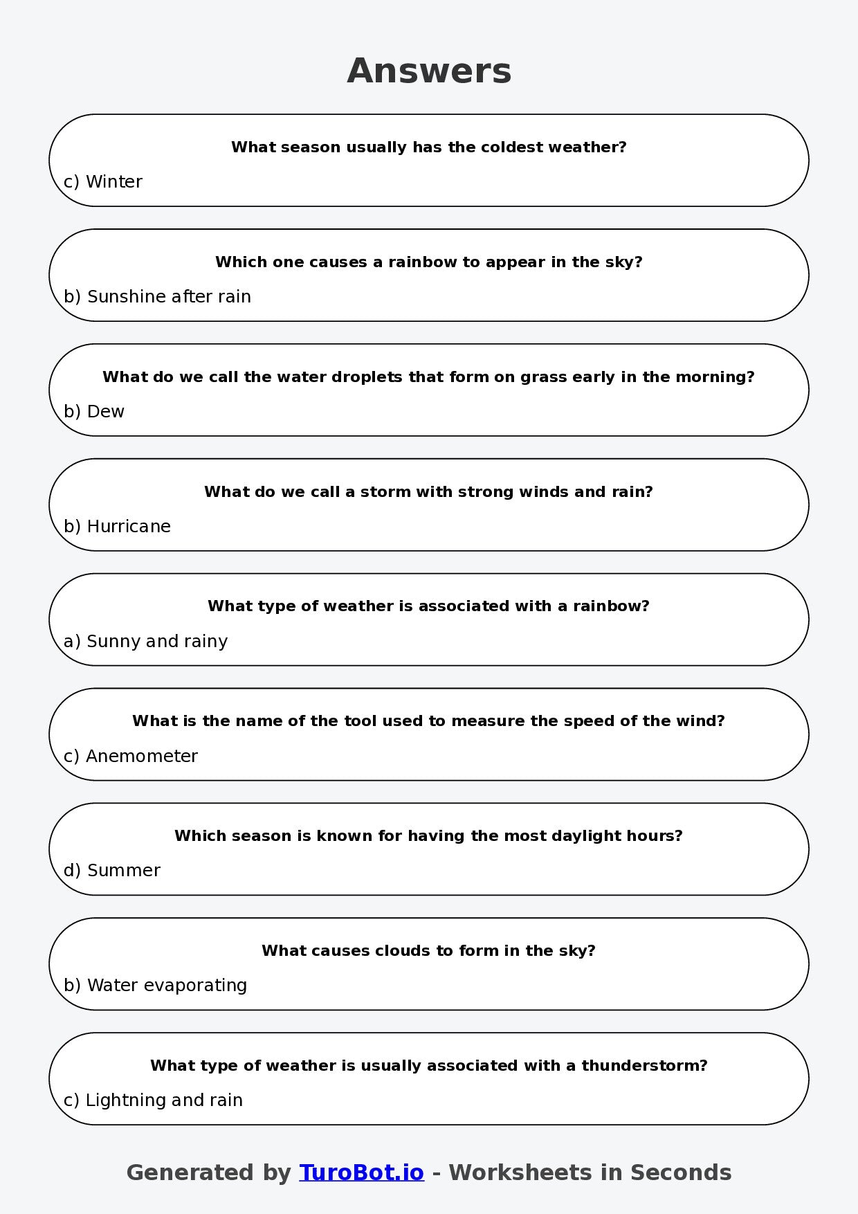 Year 4 Science Multiple Choice Worksheet – Weather Patterns and Seasons
