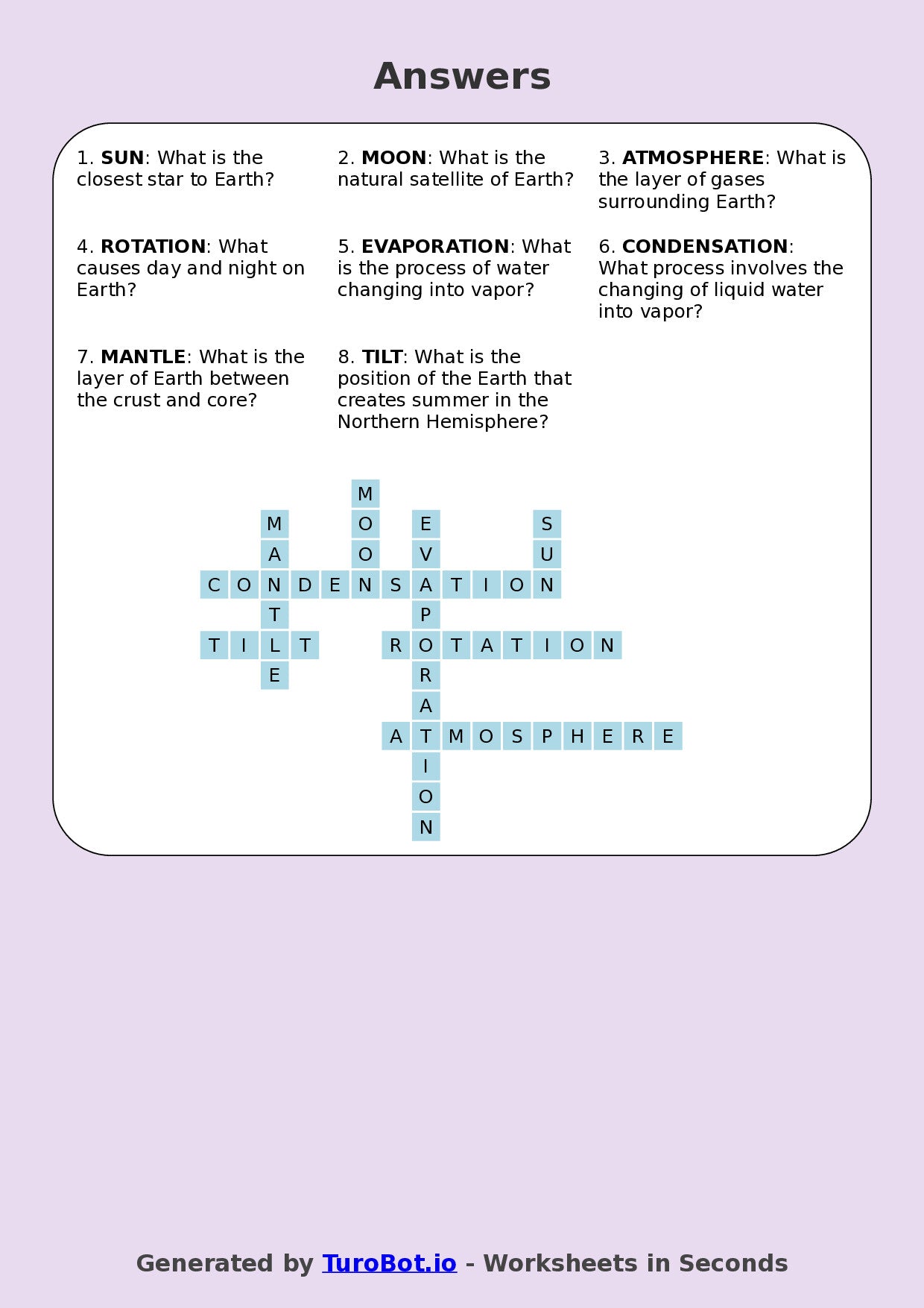 Year 5 Science Crossword Worksheet – Earth, Sun and Moon