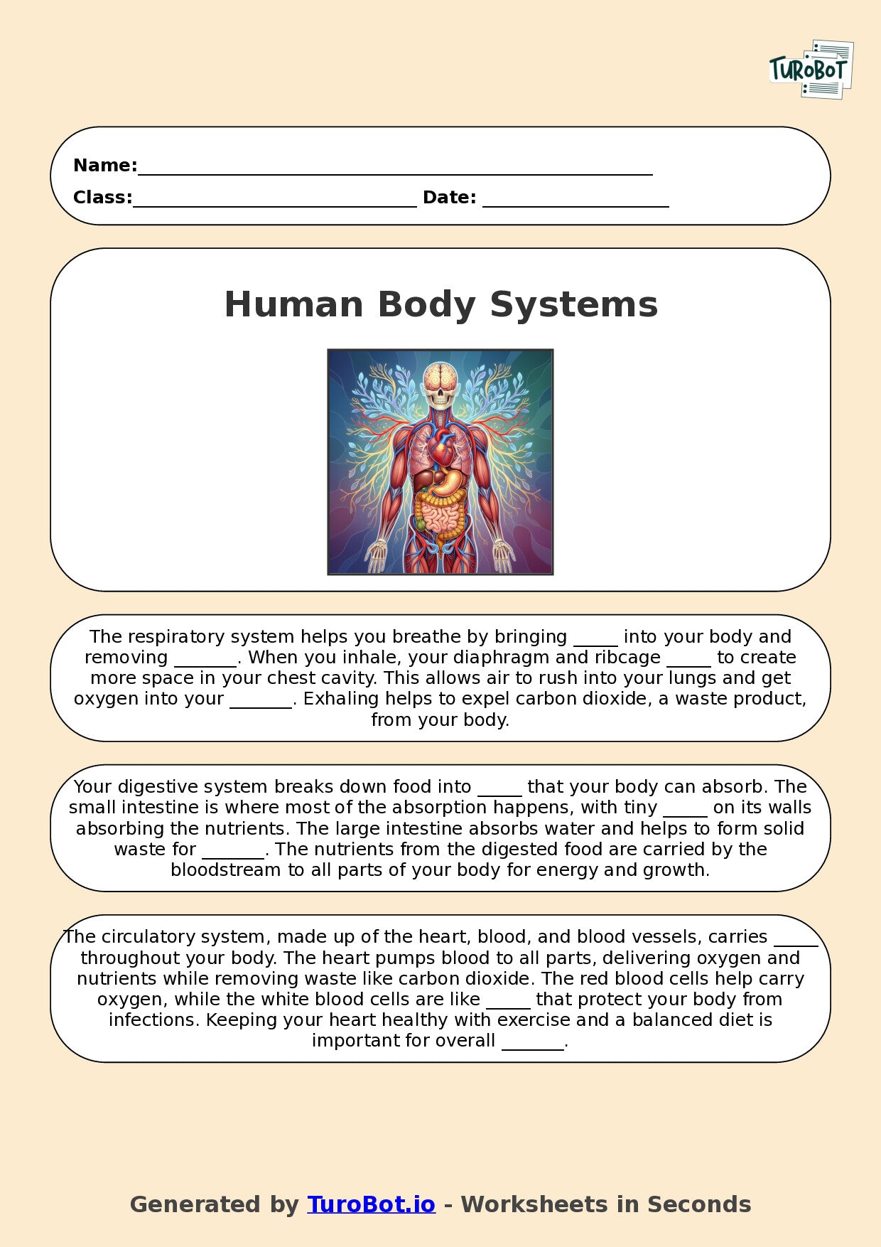 Year 5 Science Fill in the Blanks Worksheet – Human Body Systems