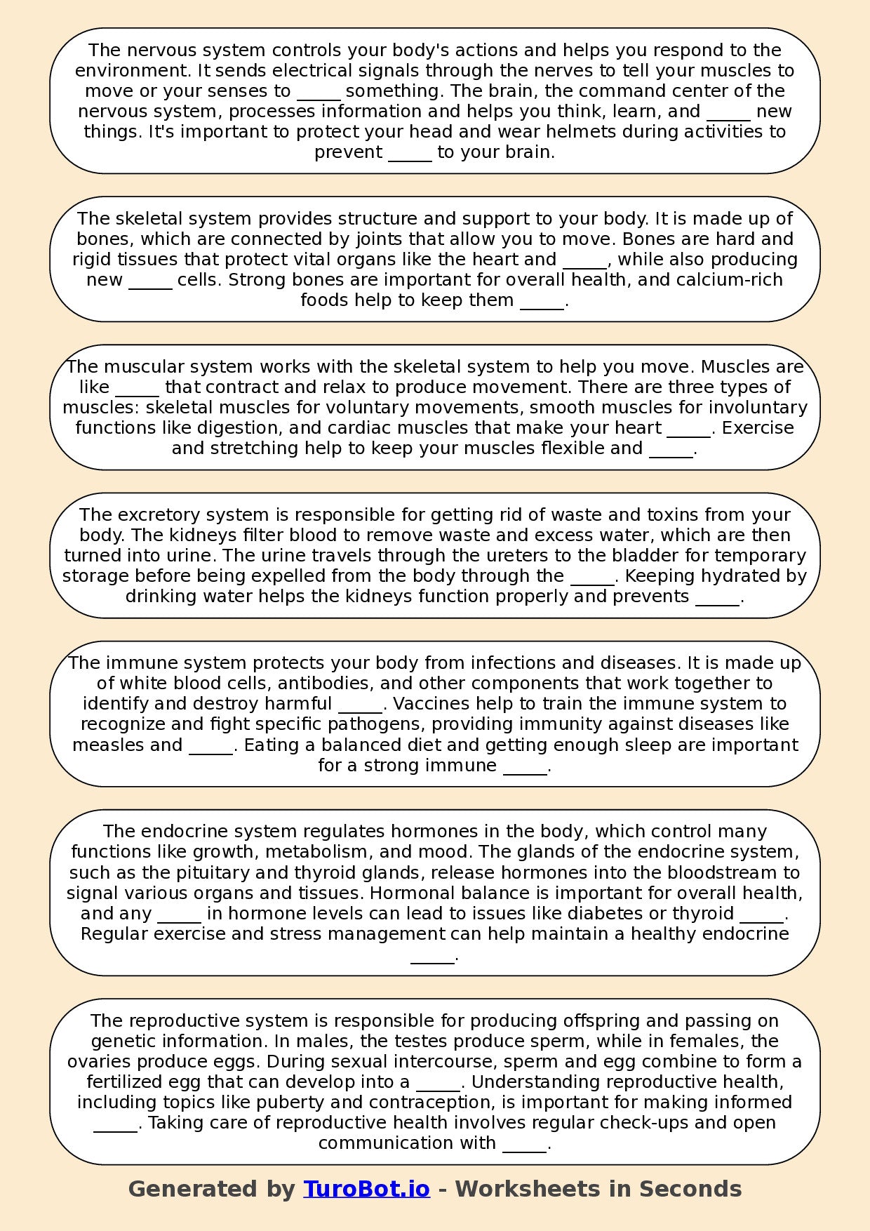 Year 5 Science Fill in the Blanks Worksheet – Human Body Systems