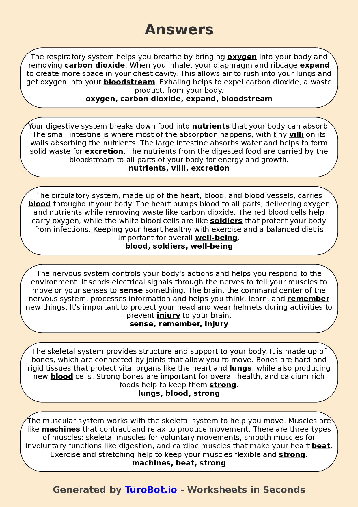 Year 5 Science Fill in the Blanks Worksheet – Human Body Systems
