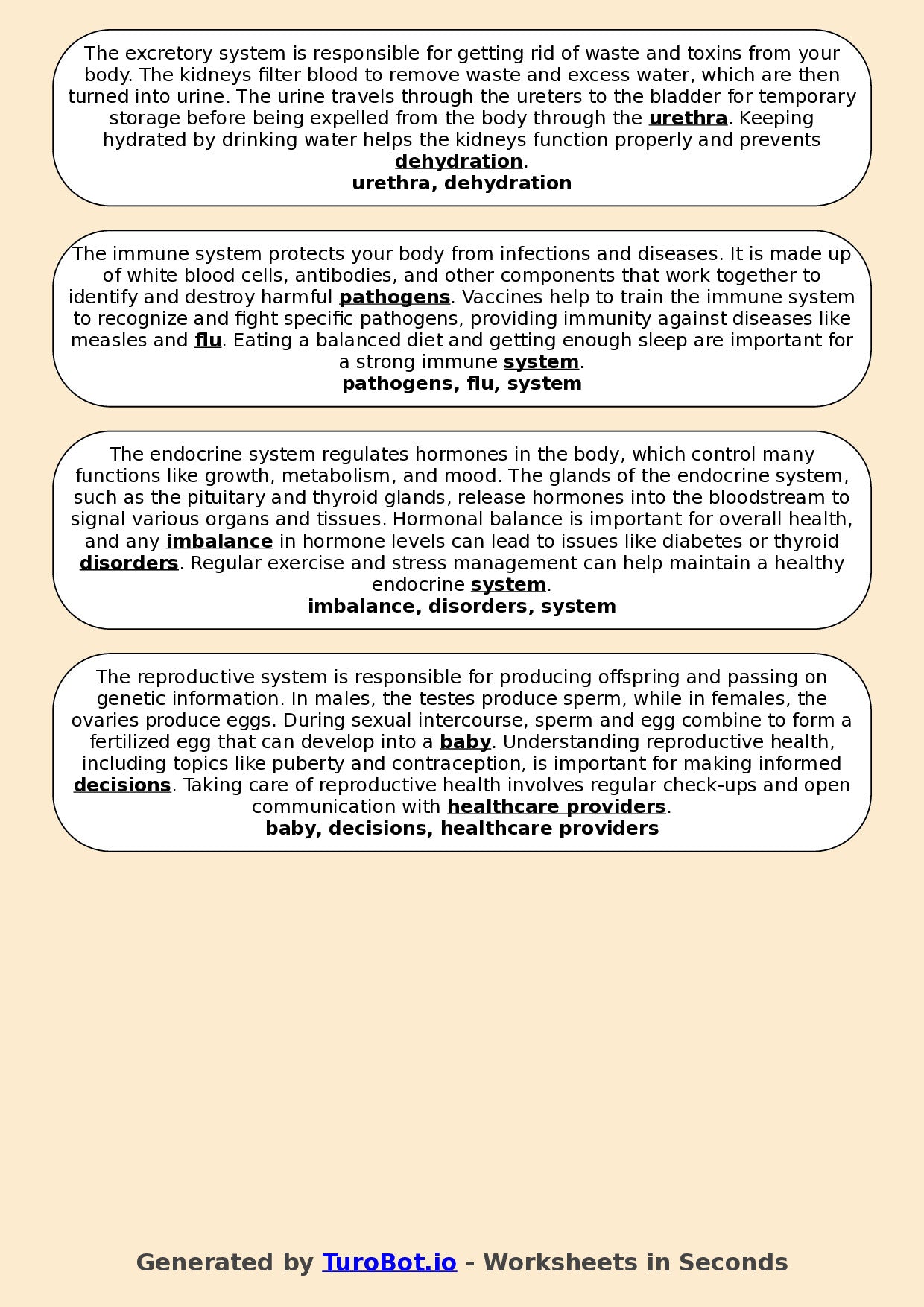 Year 5 Science Fill in the Blanks Worksheet – Human Body Systems