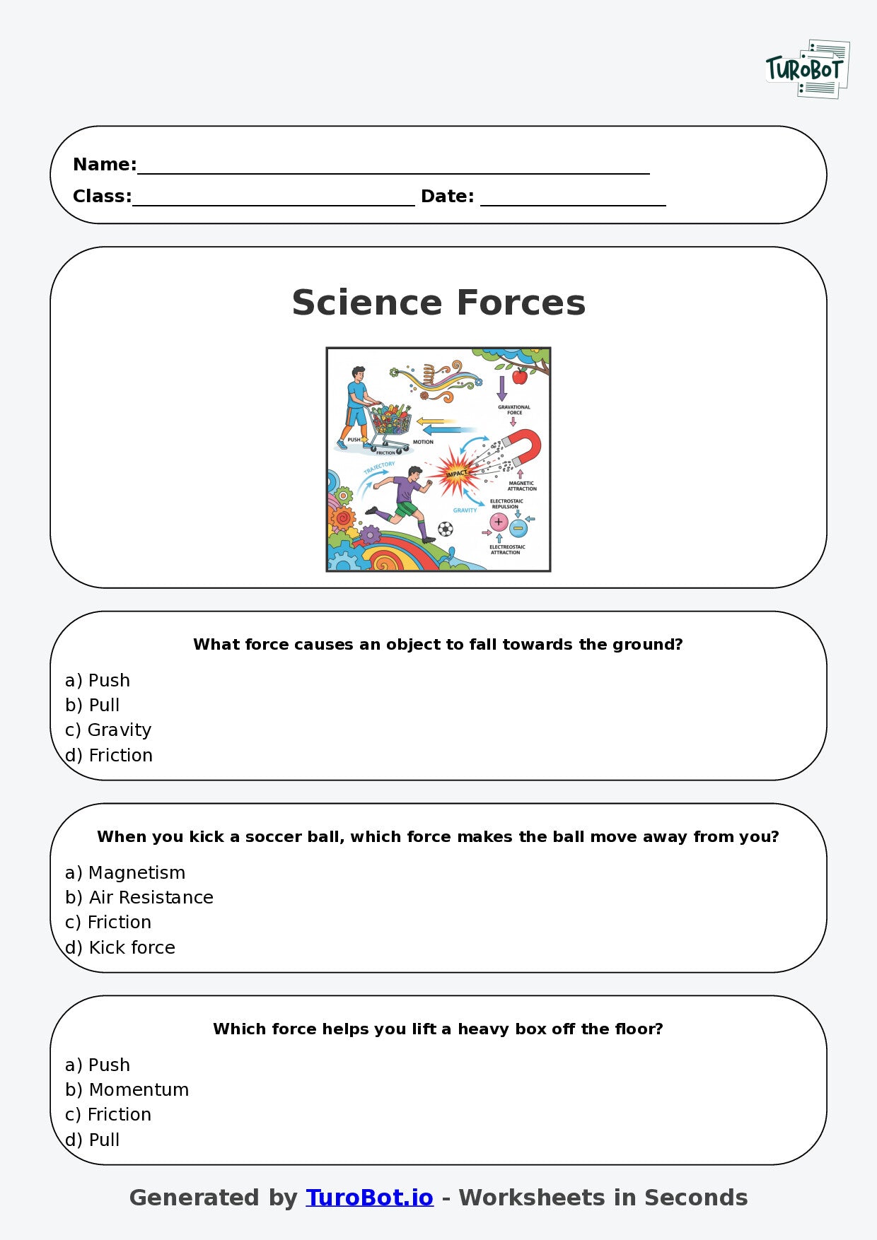 Year 5 Science Multiple Choice Worksheet – Pushes Pulls and Forces