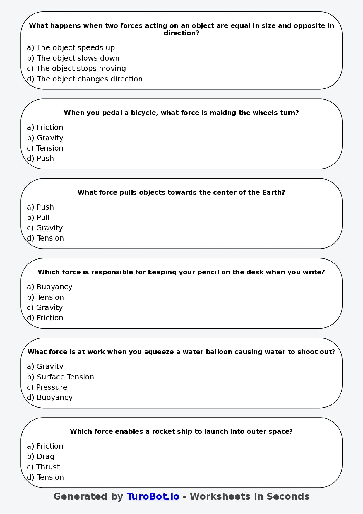 Year 5 Science Multiple Choice Worksheet – Pushes Pulls and Forces