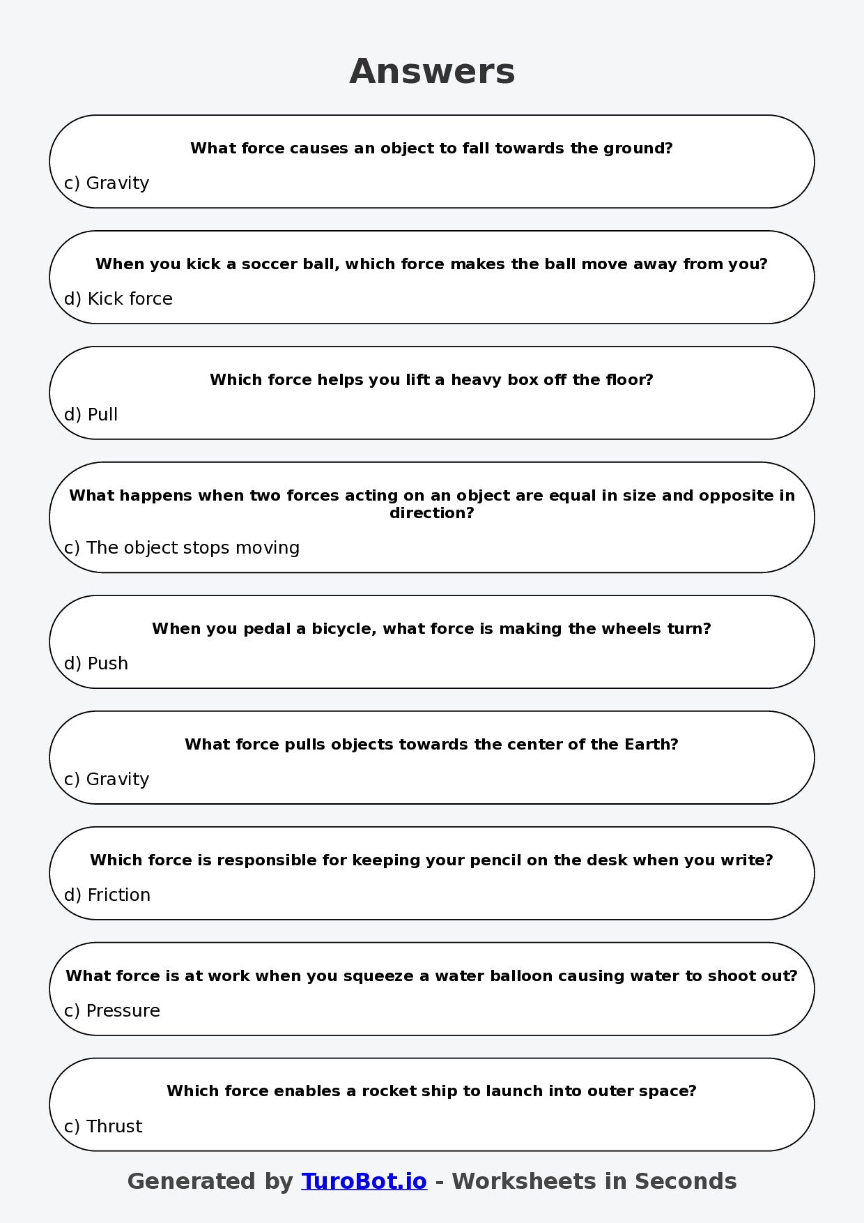Year 5 Science Multiple Choice Worksheet – Pushes Pulls and Forces
