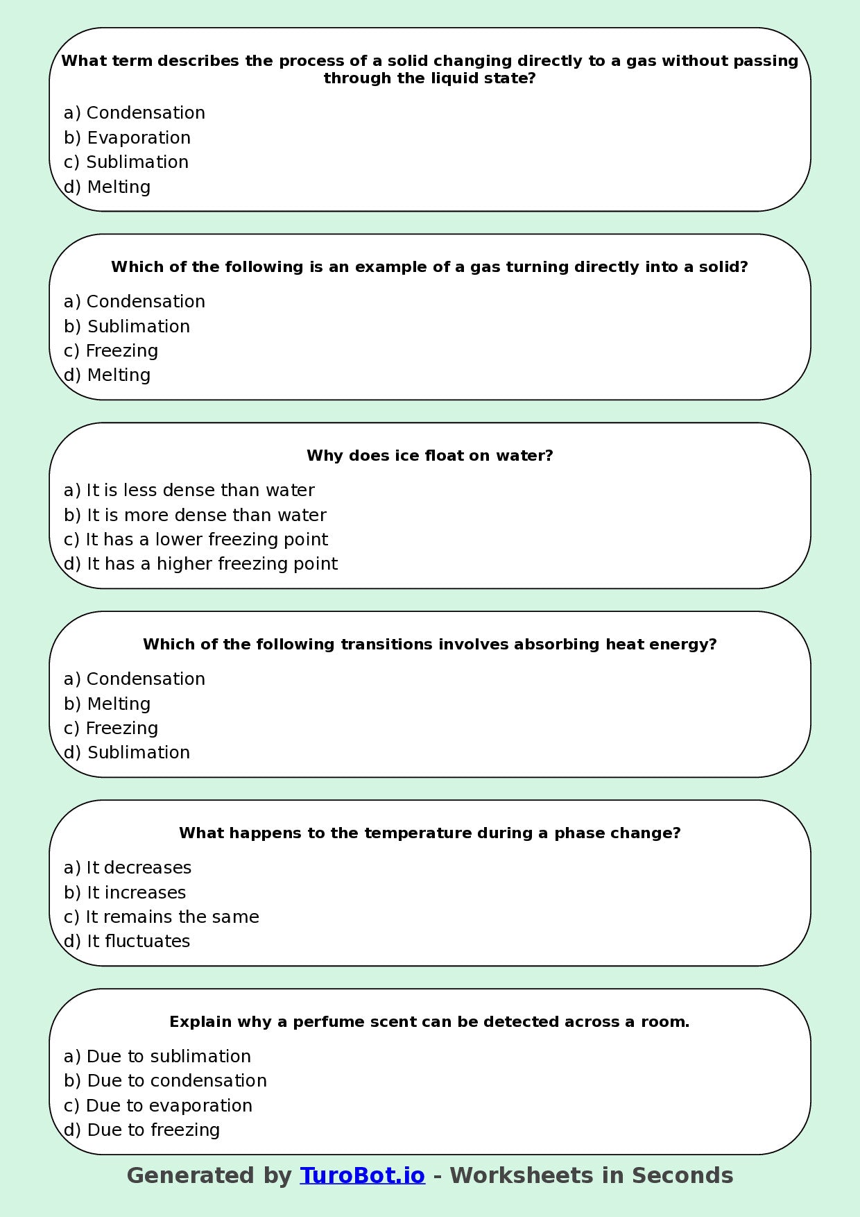 Year 5 Science Multiple Choice Worksheet – States of Matter