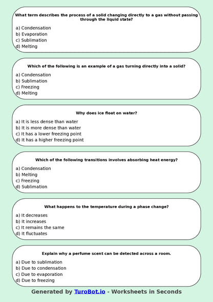 Year 5 Science Multiple Choice Worksheet – States of Matter