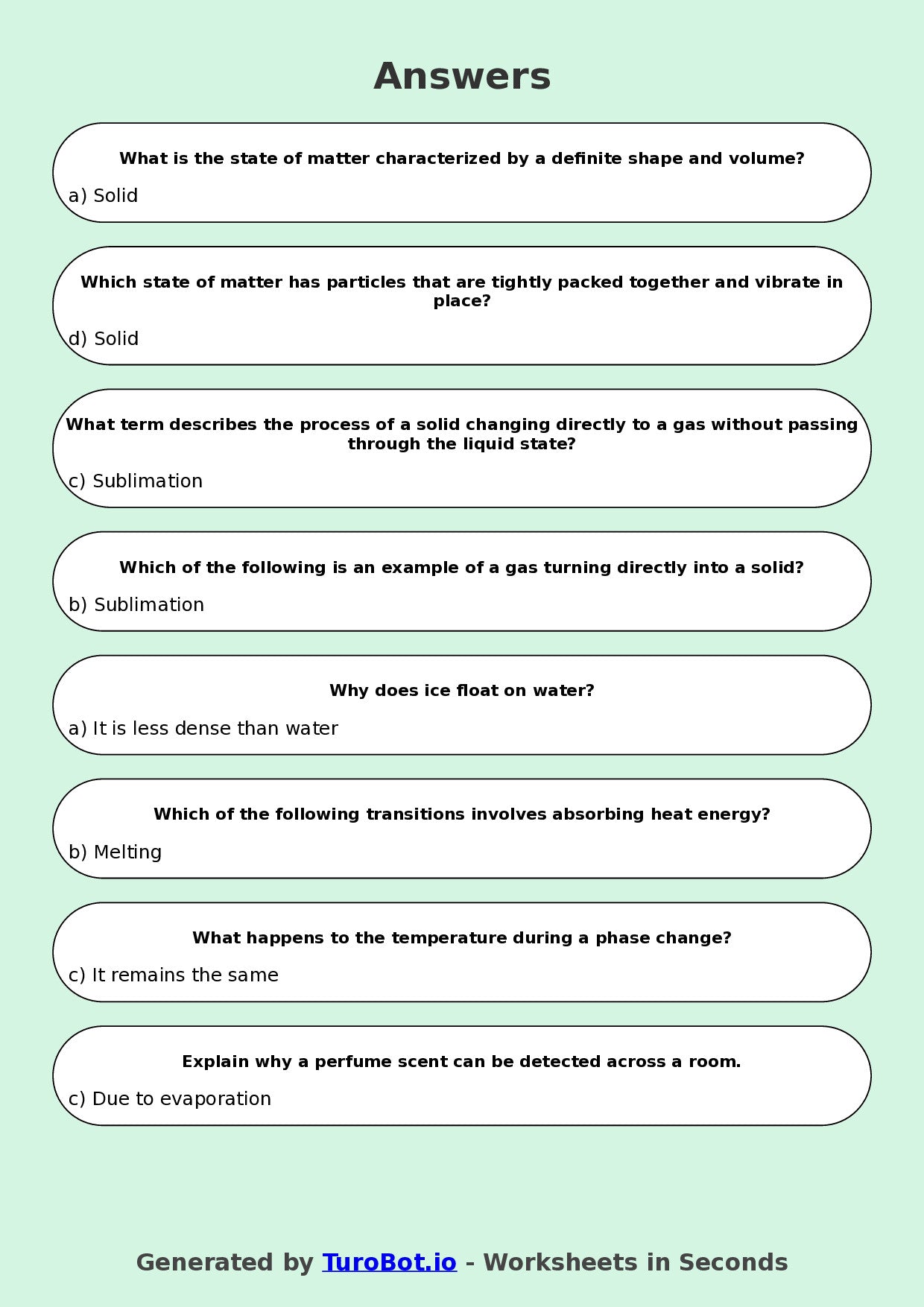 Year 5 Science Multiple Choice Worksheet – States of Matter