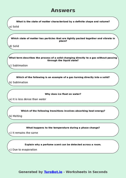 Year 5 Science Multiple Choice Worksheet – States of Matter