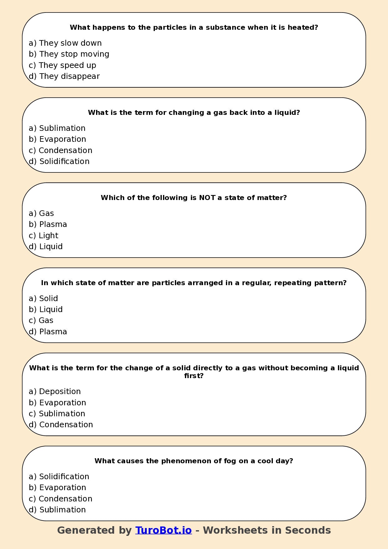 Year 5 Science Multiple Choice Worksheet – States of Matter and Particle Movement