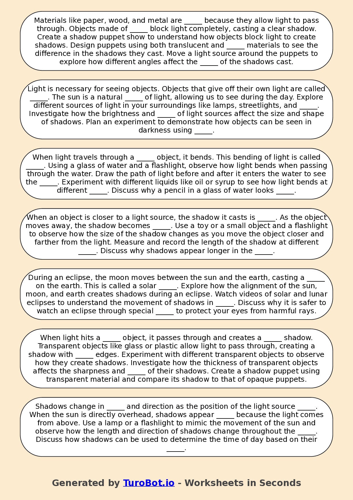 Year 6 Science Fill in the Blanks Worksheet – Light and Shadows