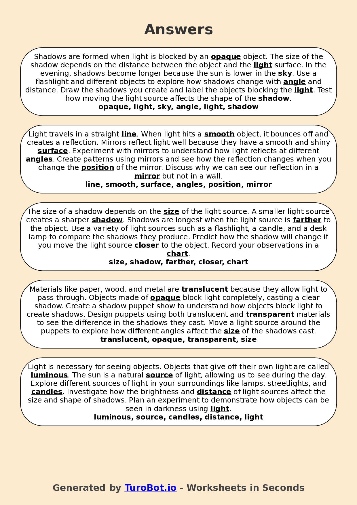 Year 6 Science Fill in the Blanks Worksheet – Light and Shadows