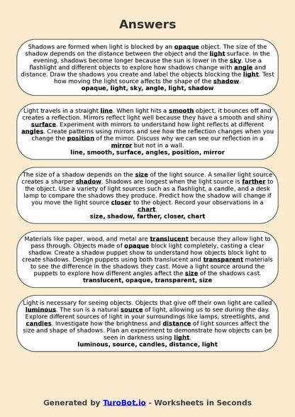 Year 6 Science Fill in the Blanks Worksheet – Light and Shadows