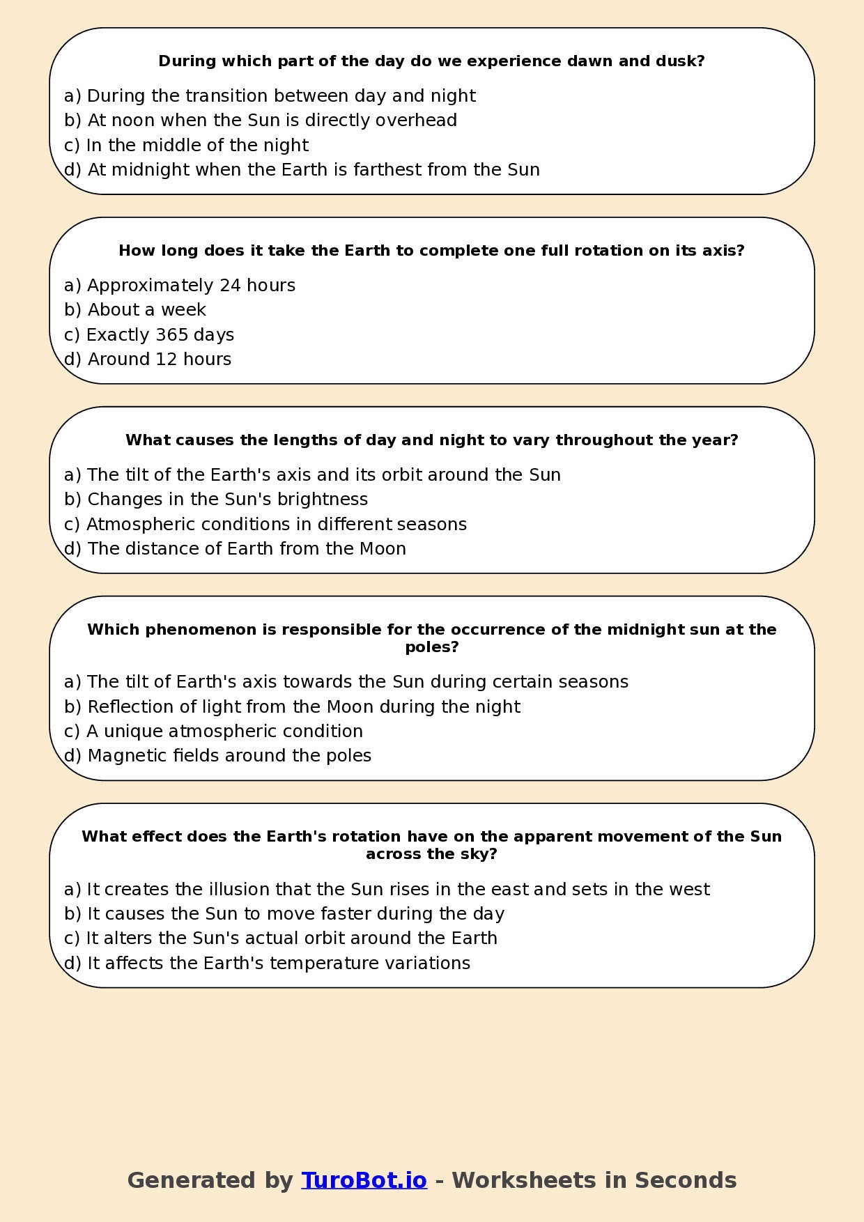 Year 6 Science Multiple Choice Worksheet – Earth Rotation and Day Night Cycle