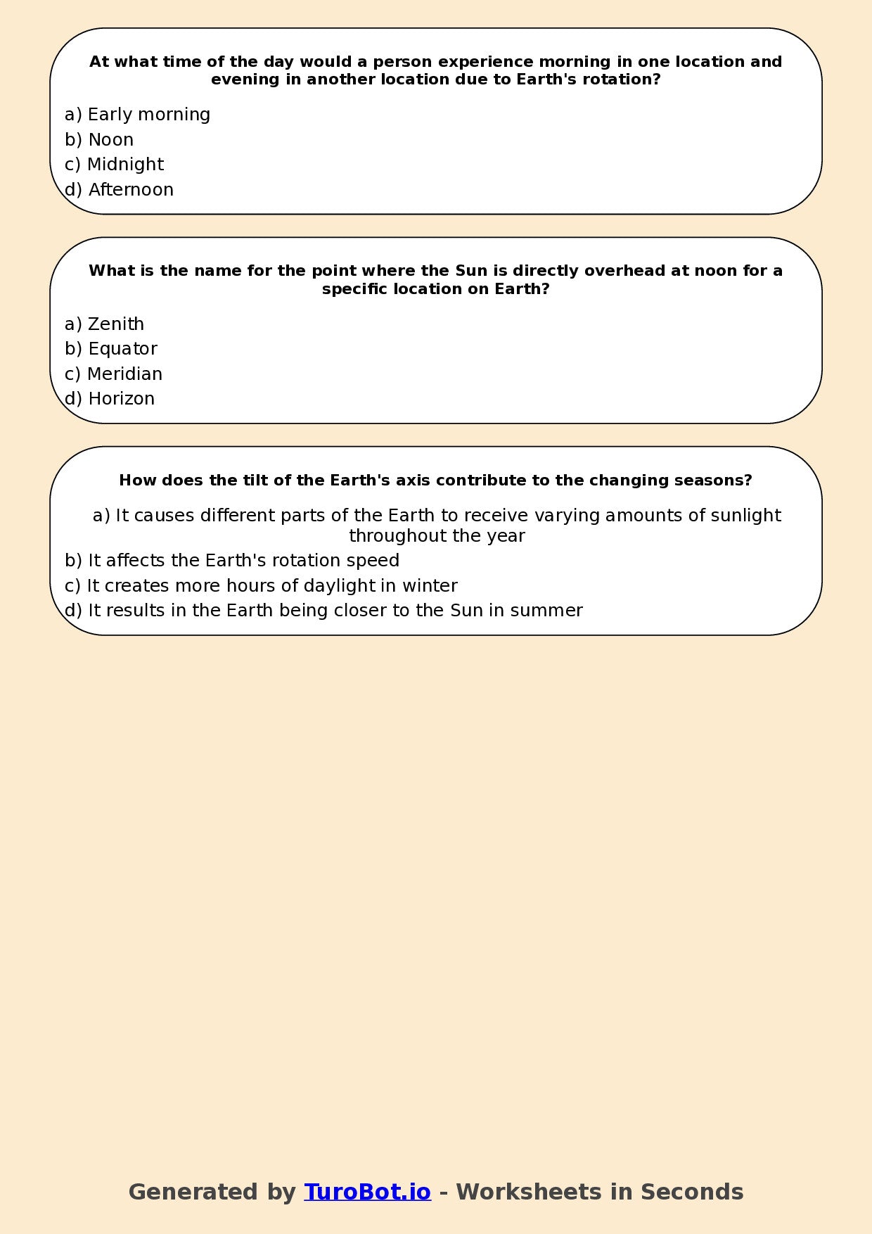 Year 6 Science Multiple Choice Worksheet – Earth Rotation and Day Night Cycle
