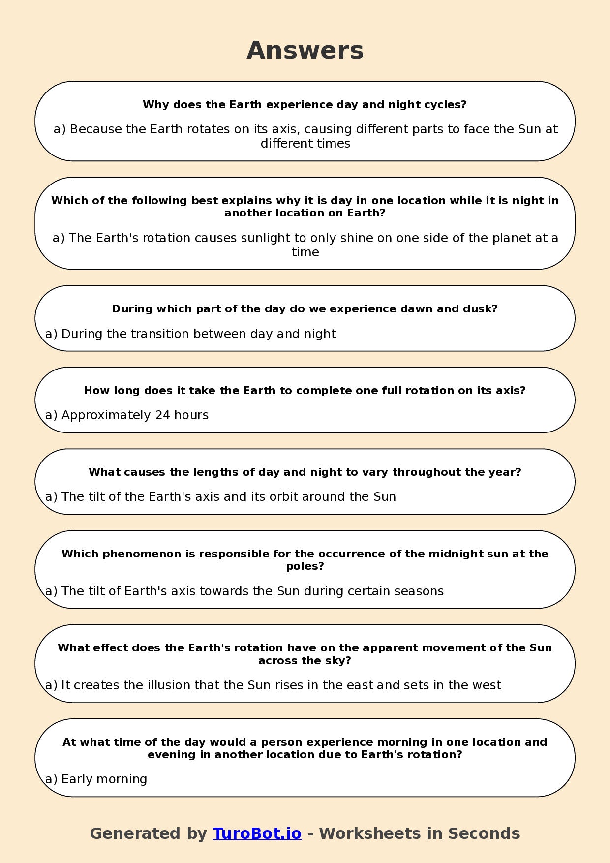 Year 6 Science Multiple Choice Worksheet – Earth Rotation and Day Night Cycle