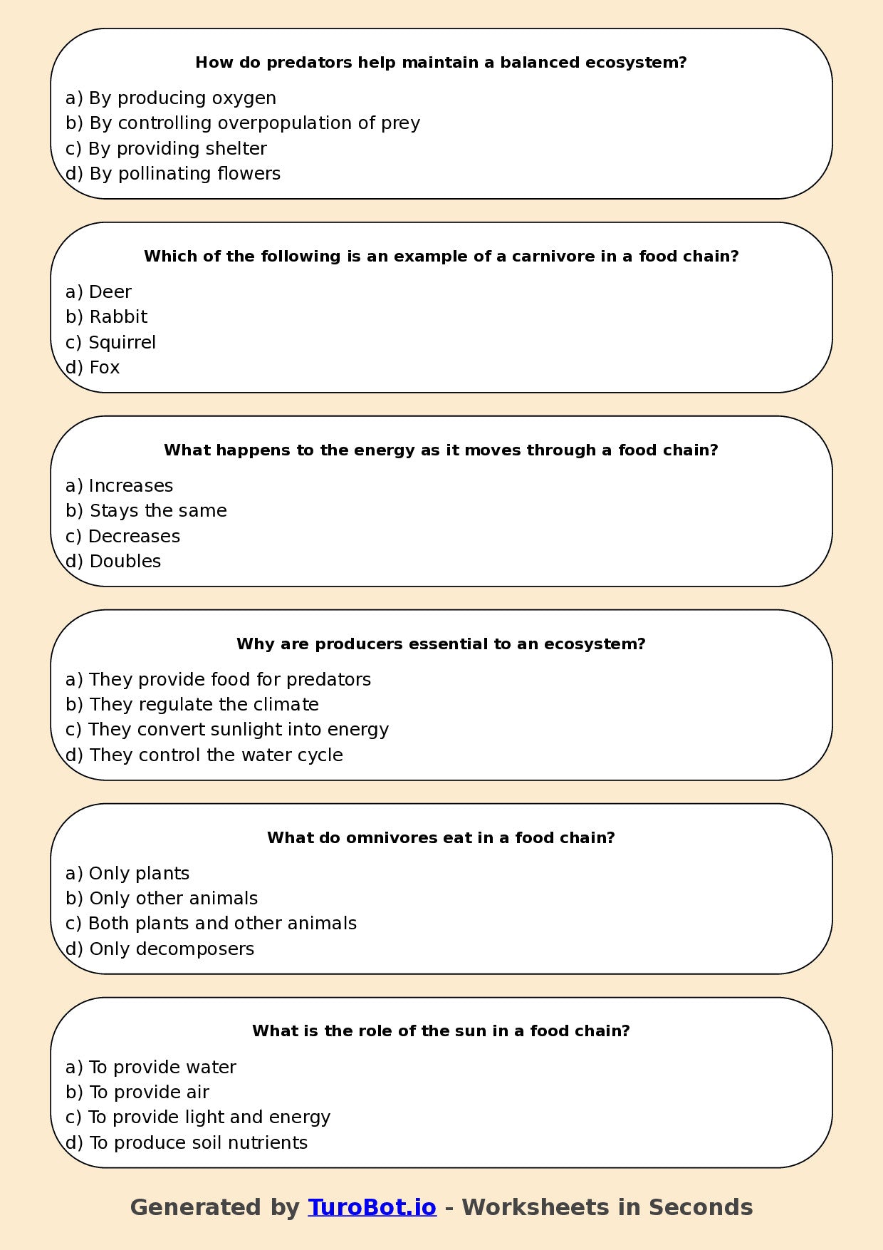 Year 6 Science Multiple Choice Worksheet – Food Chains and Ecosystems