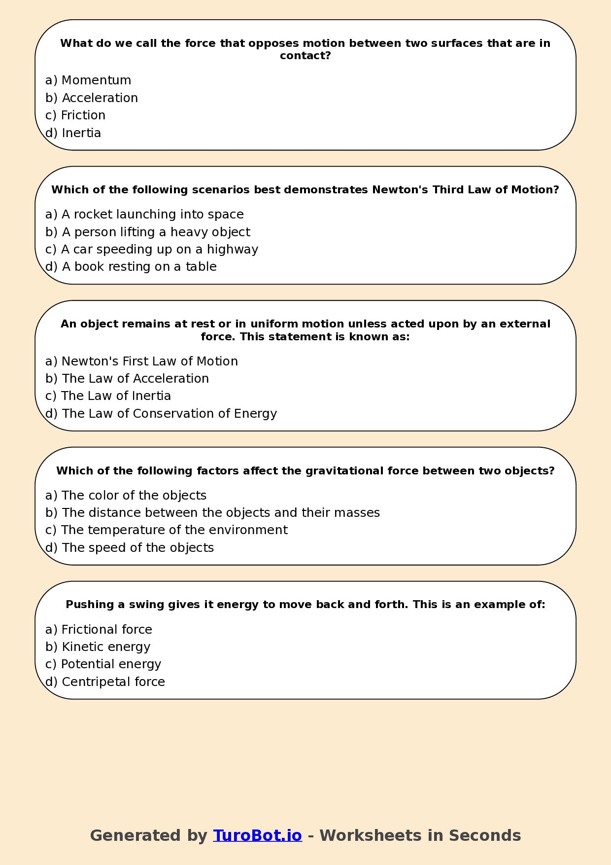 Year 6 Science Multiple Choice Worksheet – Forces and Motion Basics
