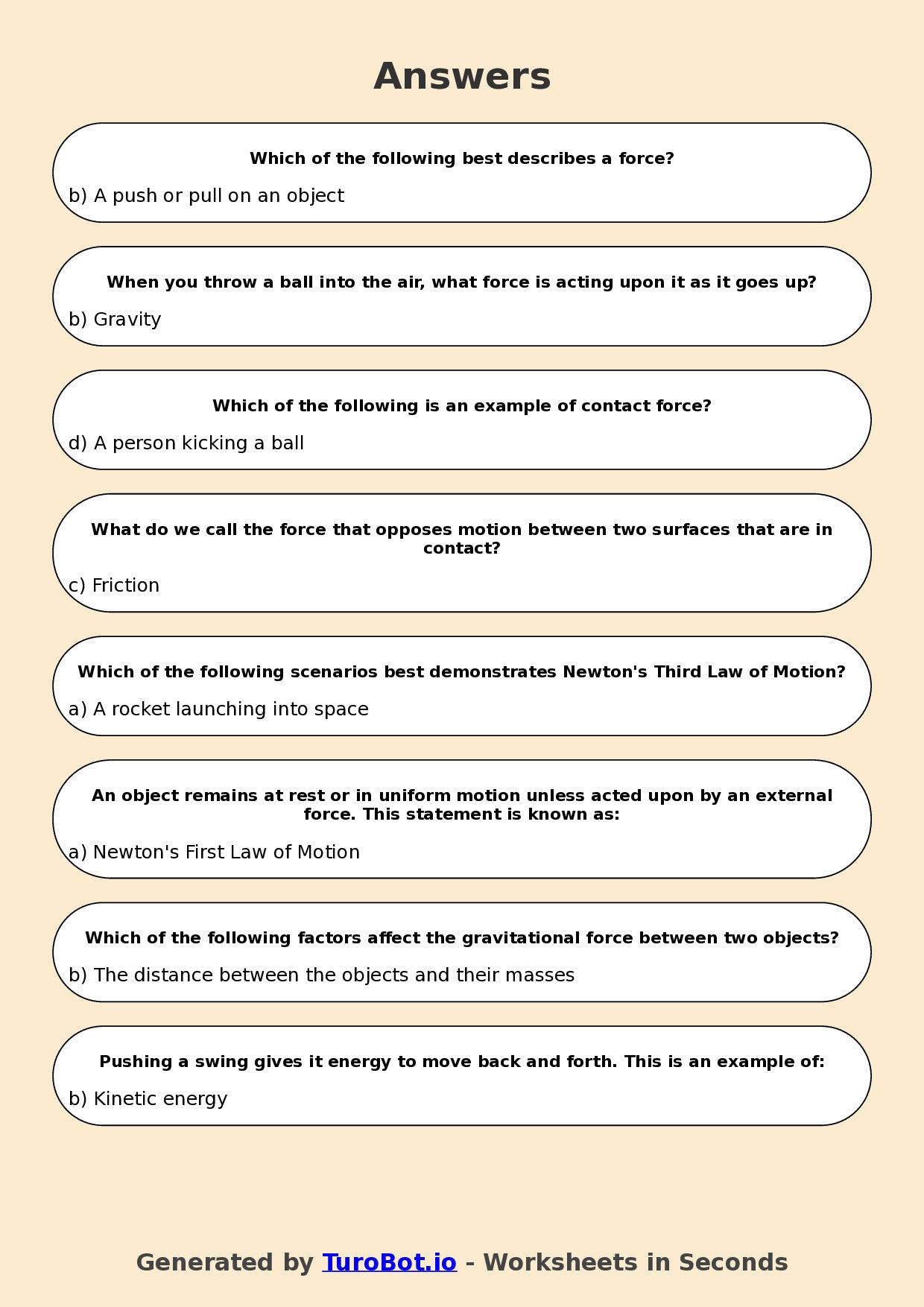 Year 6 Science Multiple Choice Worksheet – Forces and Motion Basics