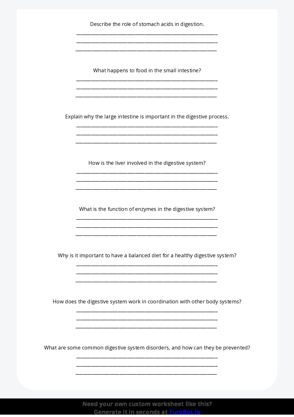 Free Worksheet - Year 6 Science The Human Digestive System Short Answer Response