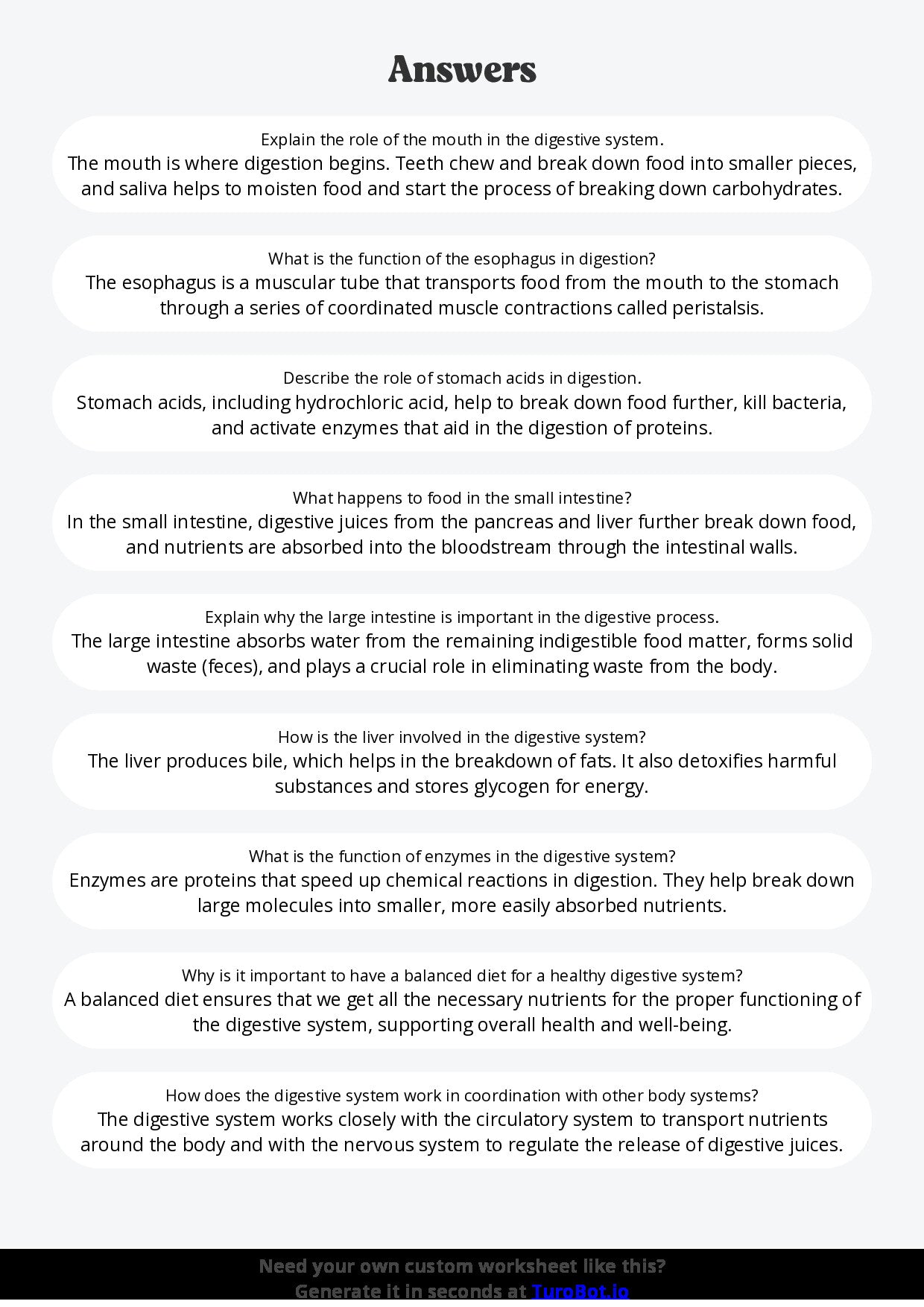 Free Worksheet - Year 6 Science The Human Digestive System Short Answer Response