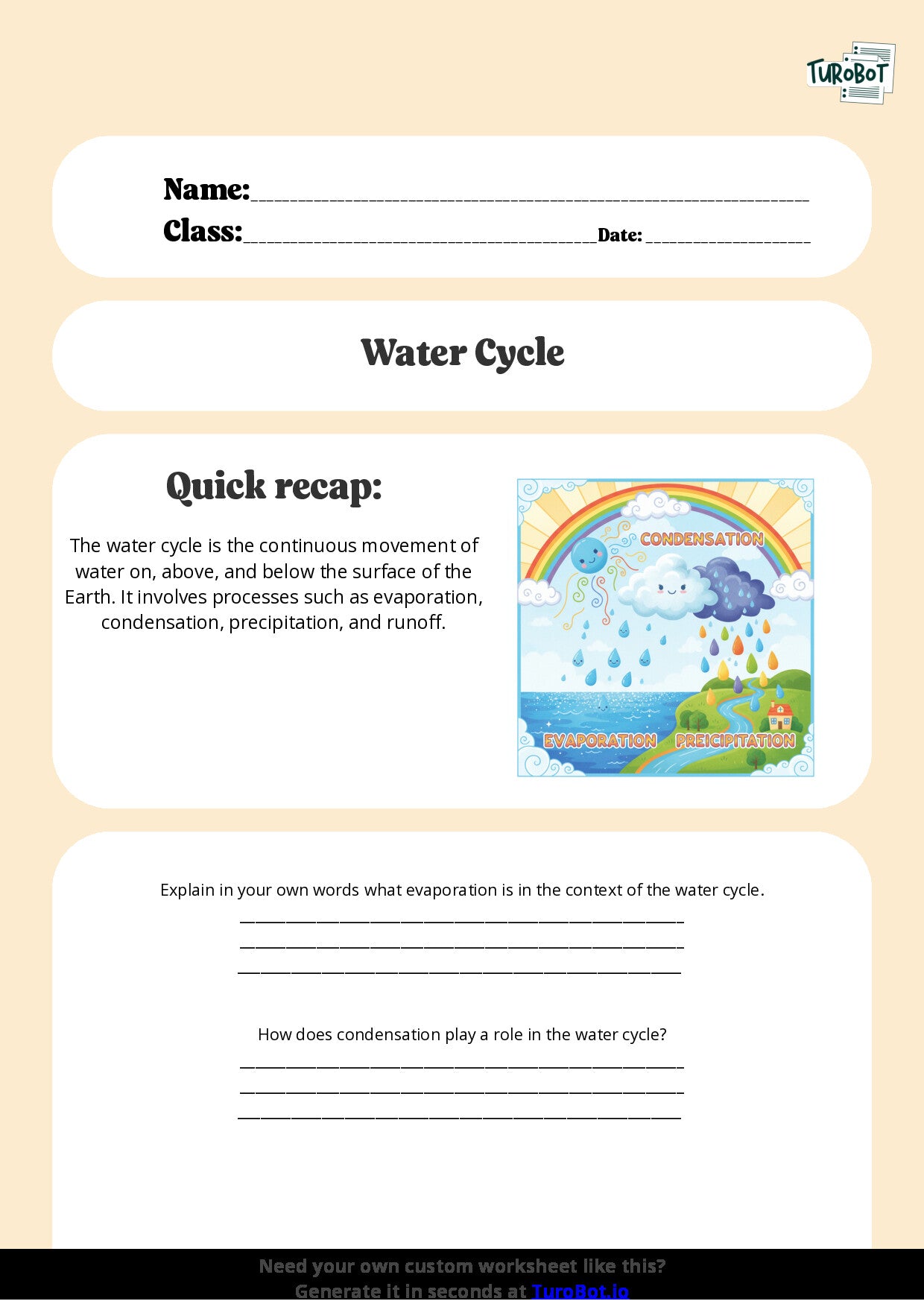 Free Worksheet - Year 6 Science Understanding the Water Cycle Short Answer Response