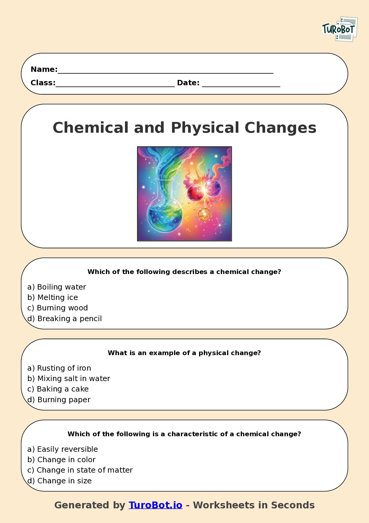 Year 7 Science Multiple Choice Worksheet – Chemical and Physical Chang ...
