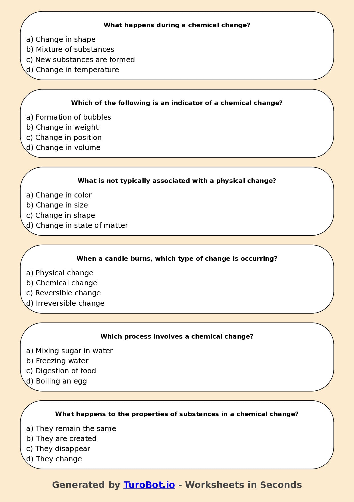 Year 7 Science Multiple Choice Worksheet – Chemical and Physical Changes