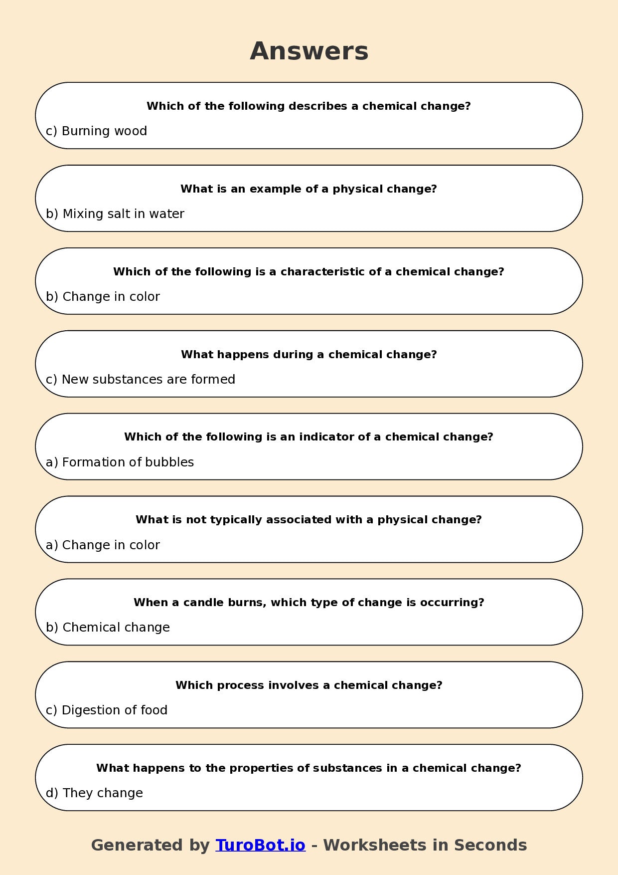 Year 7 Science Multiple Choice Worksheet – Chemical and Physical Changes