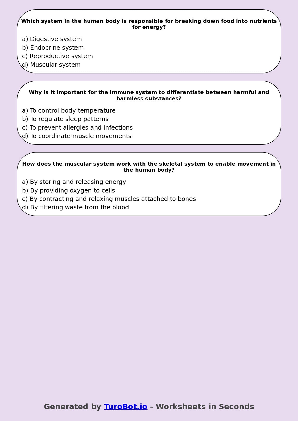 Year 7 Science Multiple Choice Worksheet – Human Body Systems