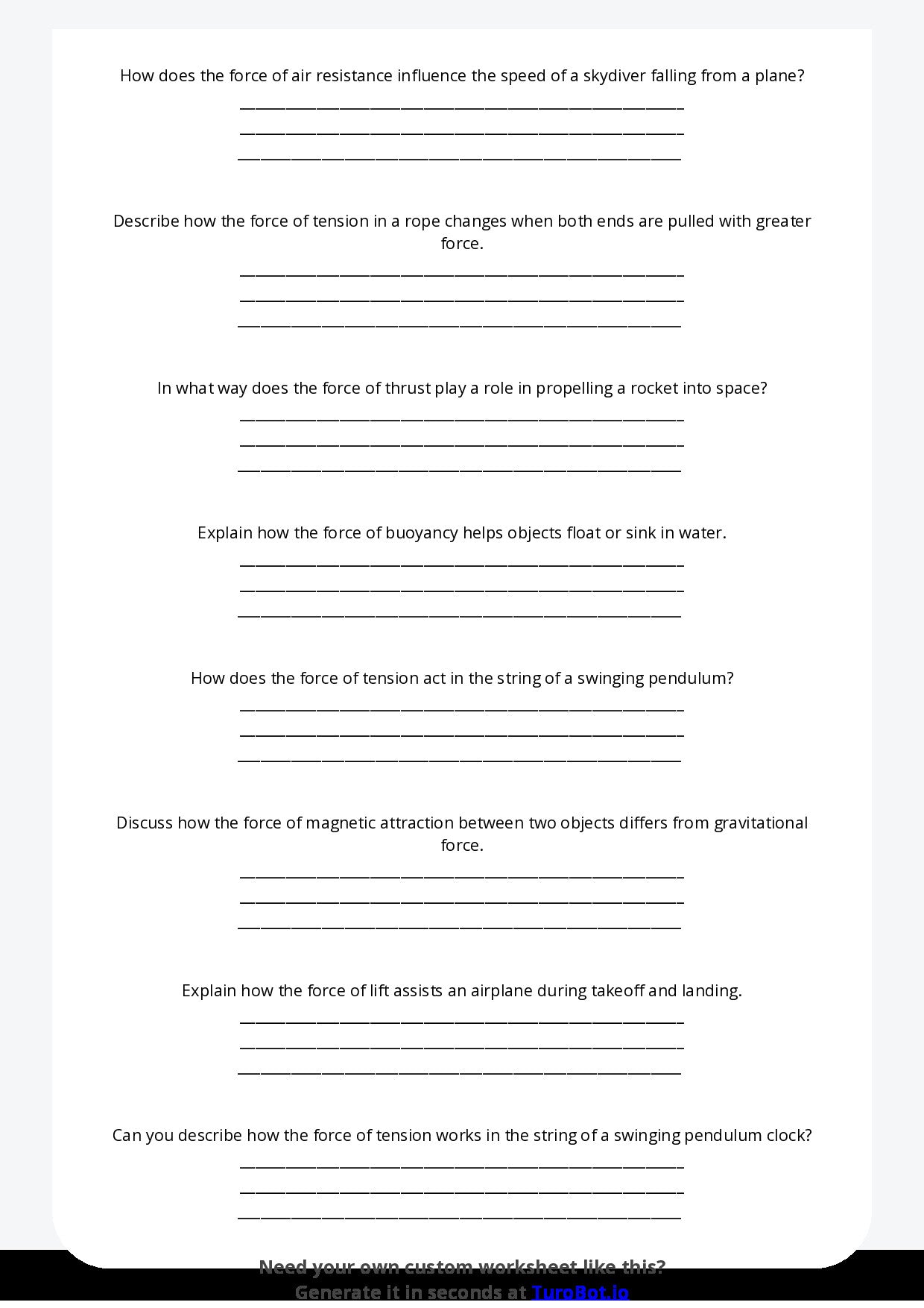 Free Worksheet - Year 7 Science Forces and Motion in Everyday Life Short Answer Response
