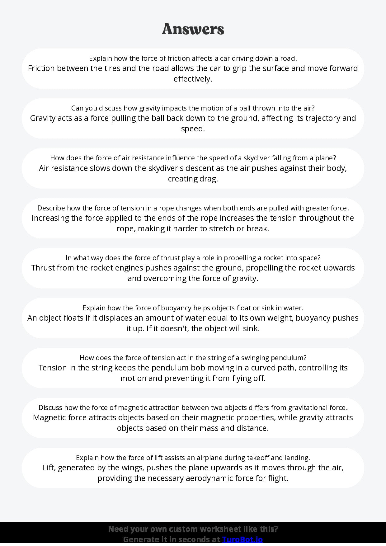 Free Worksheet - Year 7 Science Forces and Motion in Everyday Life Short Answer Response