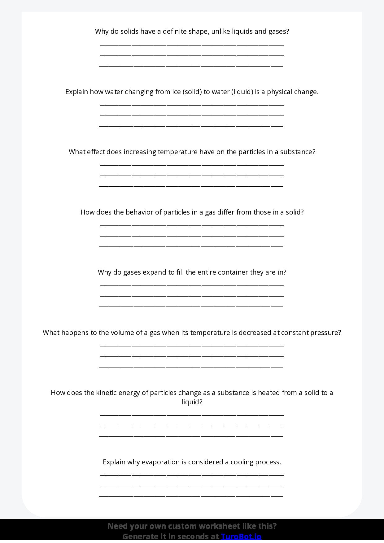 Free Worksheet - Year 7 Science States of Matter and Their Properties Short Answer Response