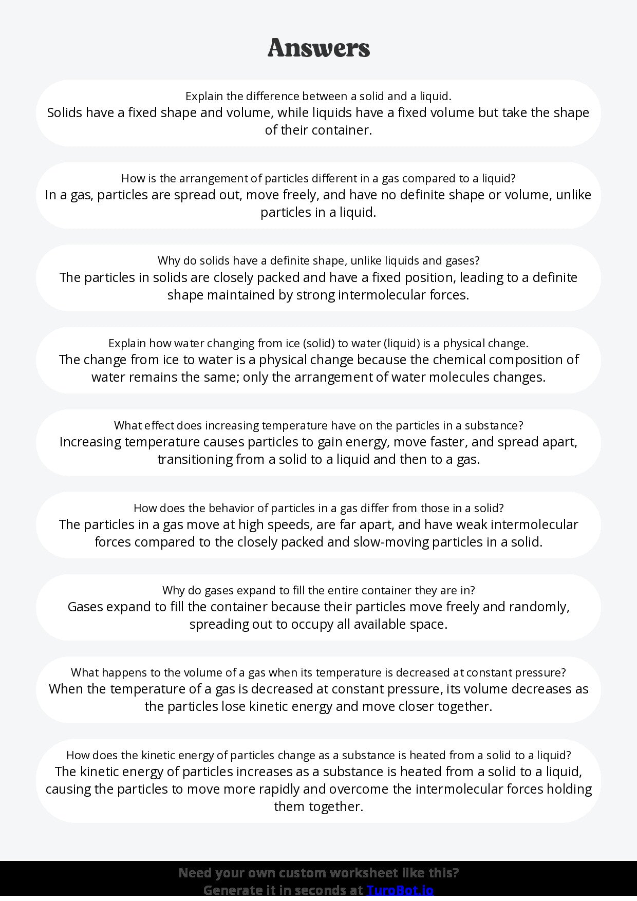 Free Worksheet - Year 7 Science States of Matter and Their Properties Short Answer Response