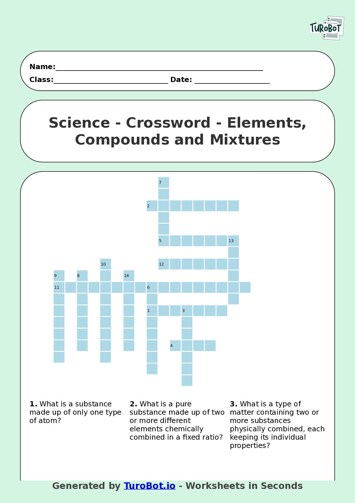 Science - Year 8 - Crossword - Elements, Compounds and Mixtures