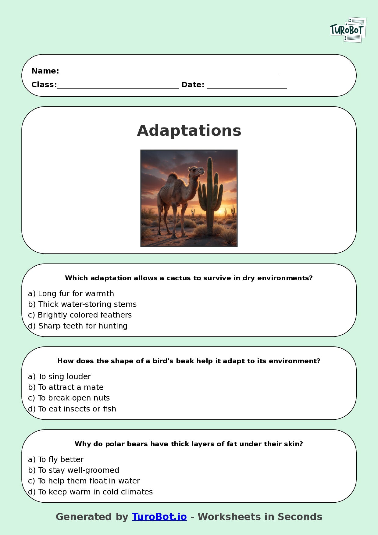 Year 8 Science Multiple Choice Worksheet – Adaptations in Plants and Animals