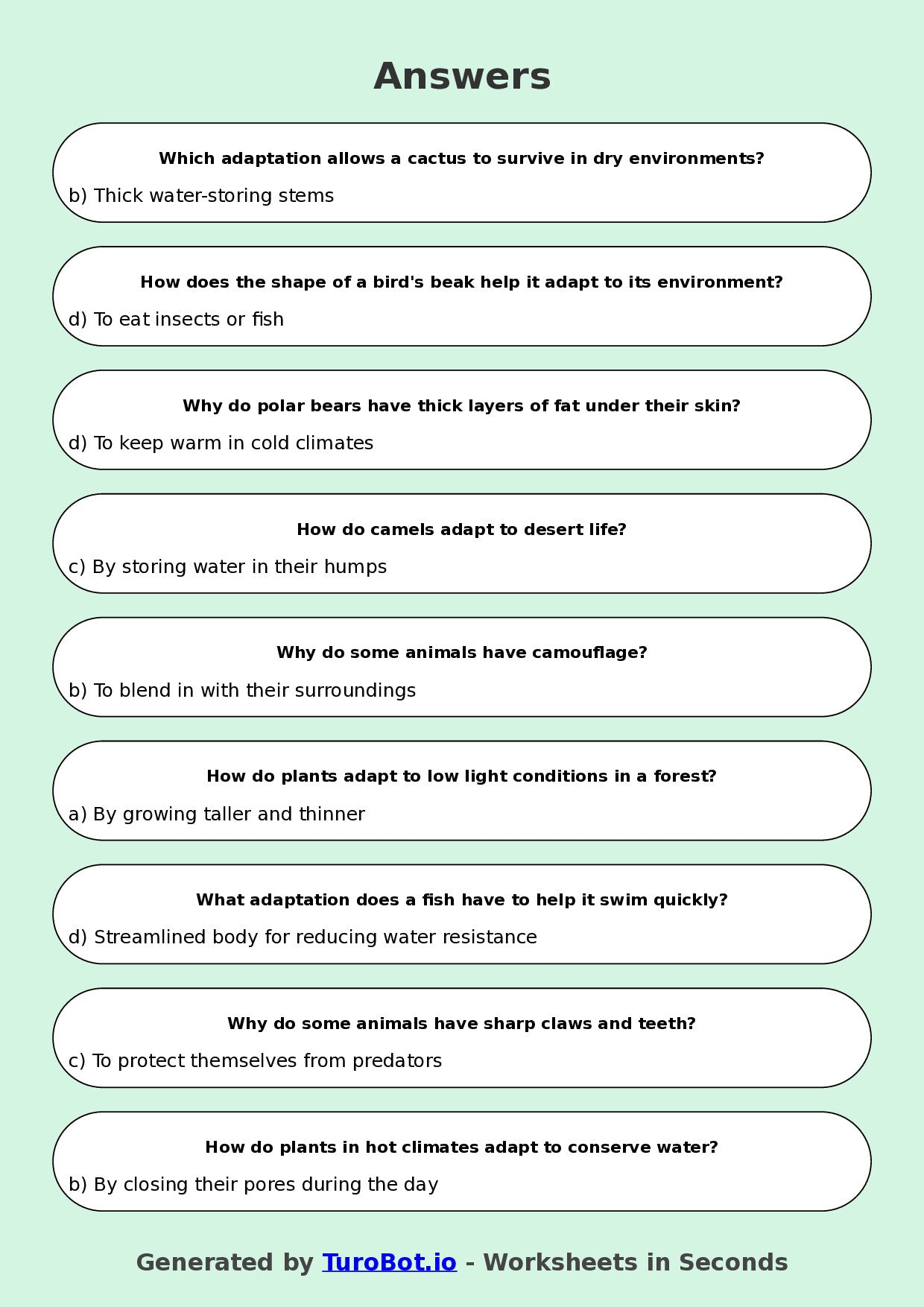 Year 8 Science Multiple Choice Worksheet – Adaptations in Plants and Animals