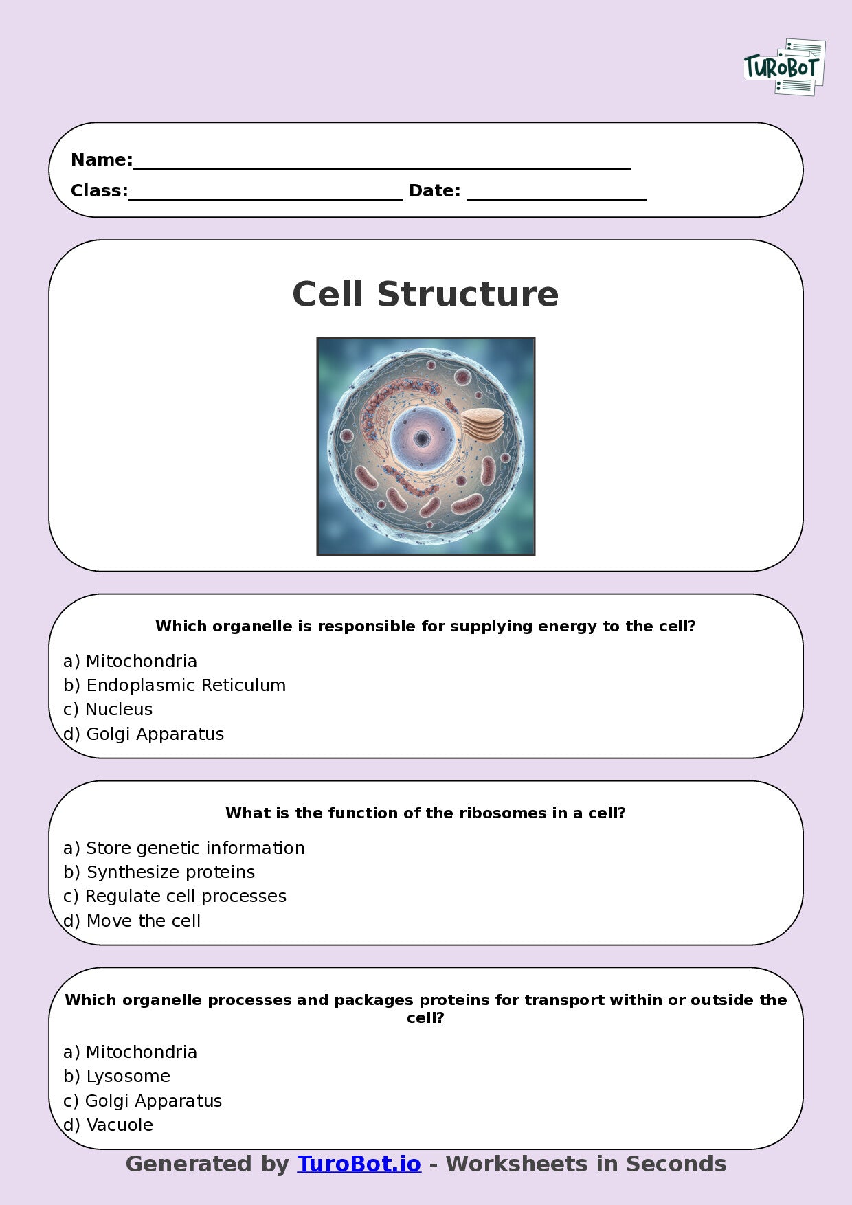 Year 8 Science Multiple Choice Worksheet – Cell Structure Introduction
