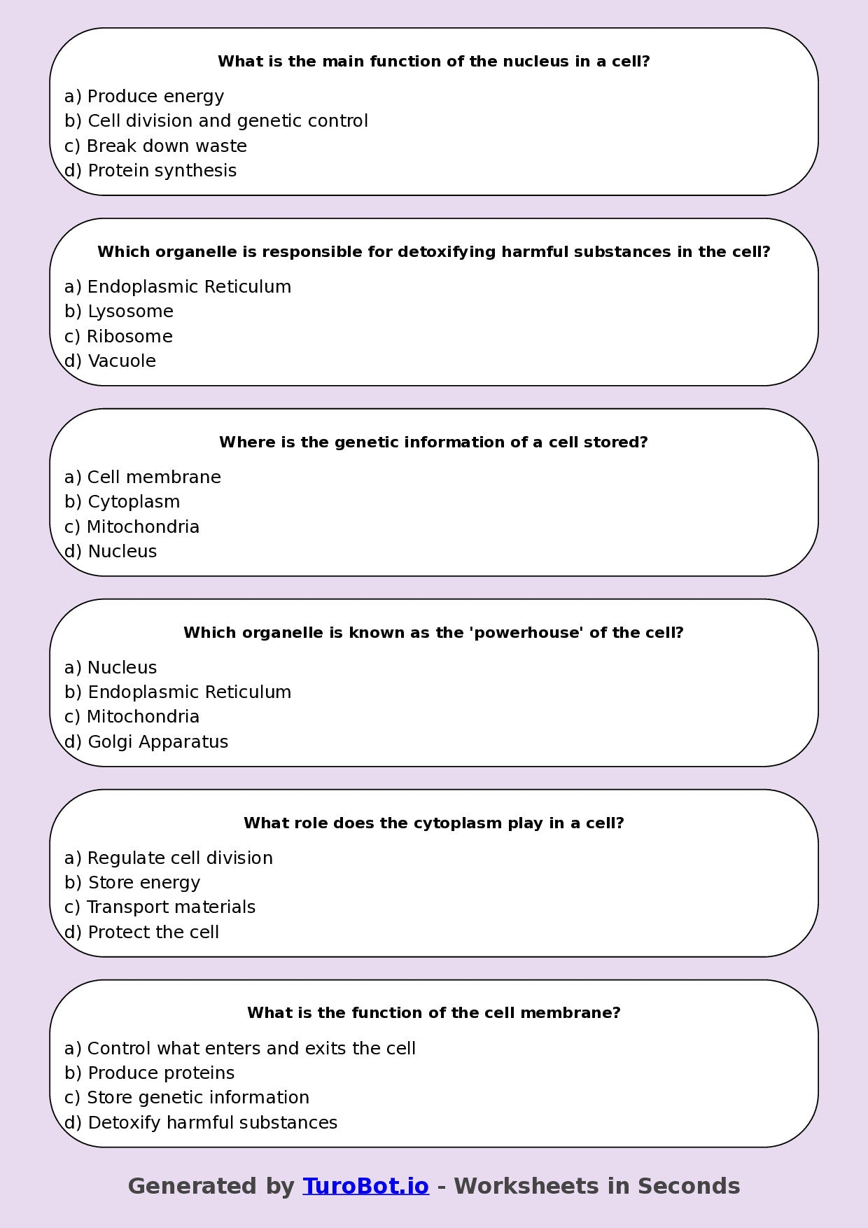 Year 8 Science Multiple Choice Worksheet – Cell Structure Introduction ...